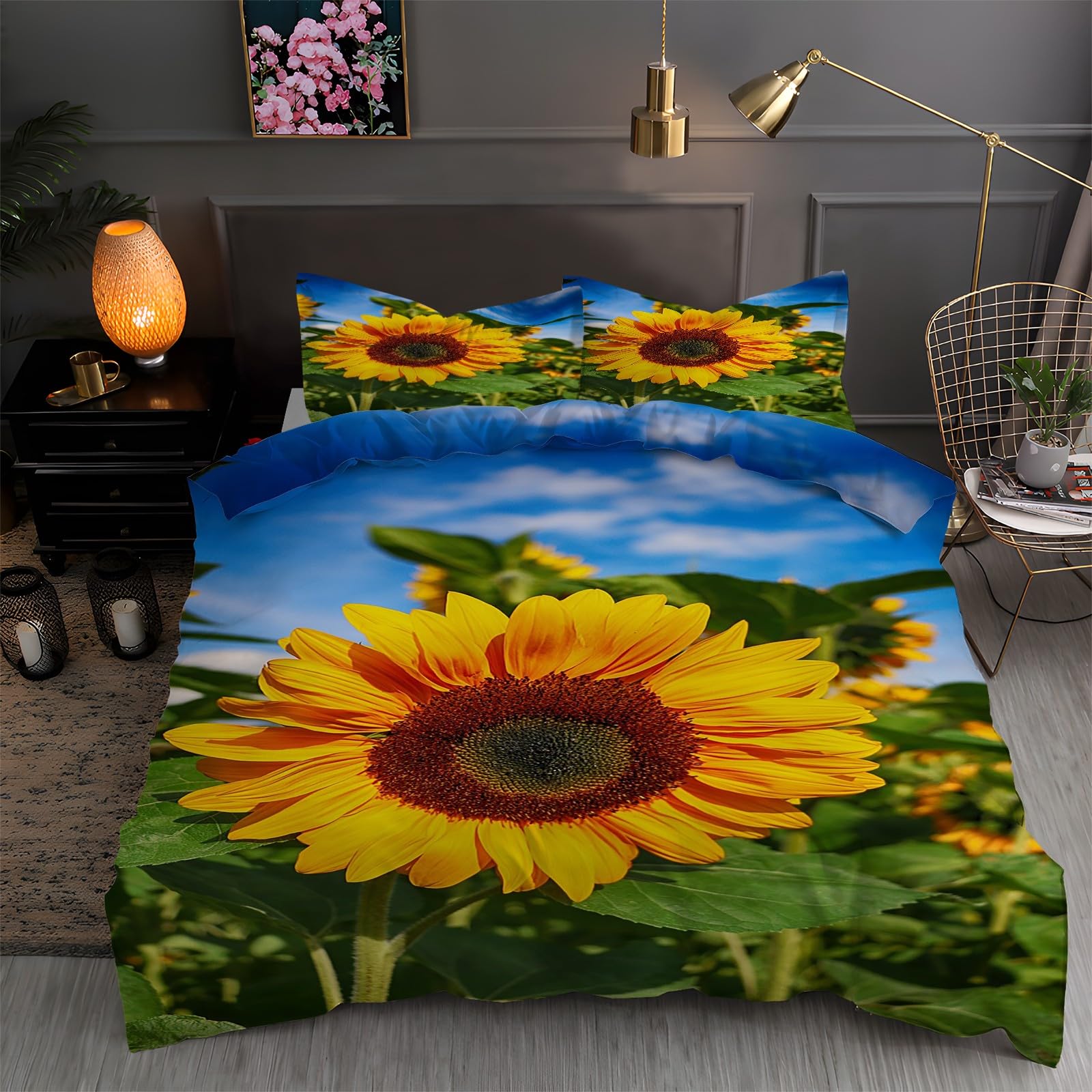 Housse de couette 220 x 240 tournesols parure de lit 2 personnes adulte imprimée fleurs