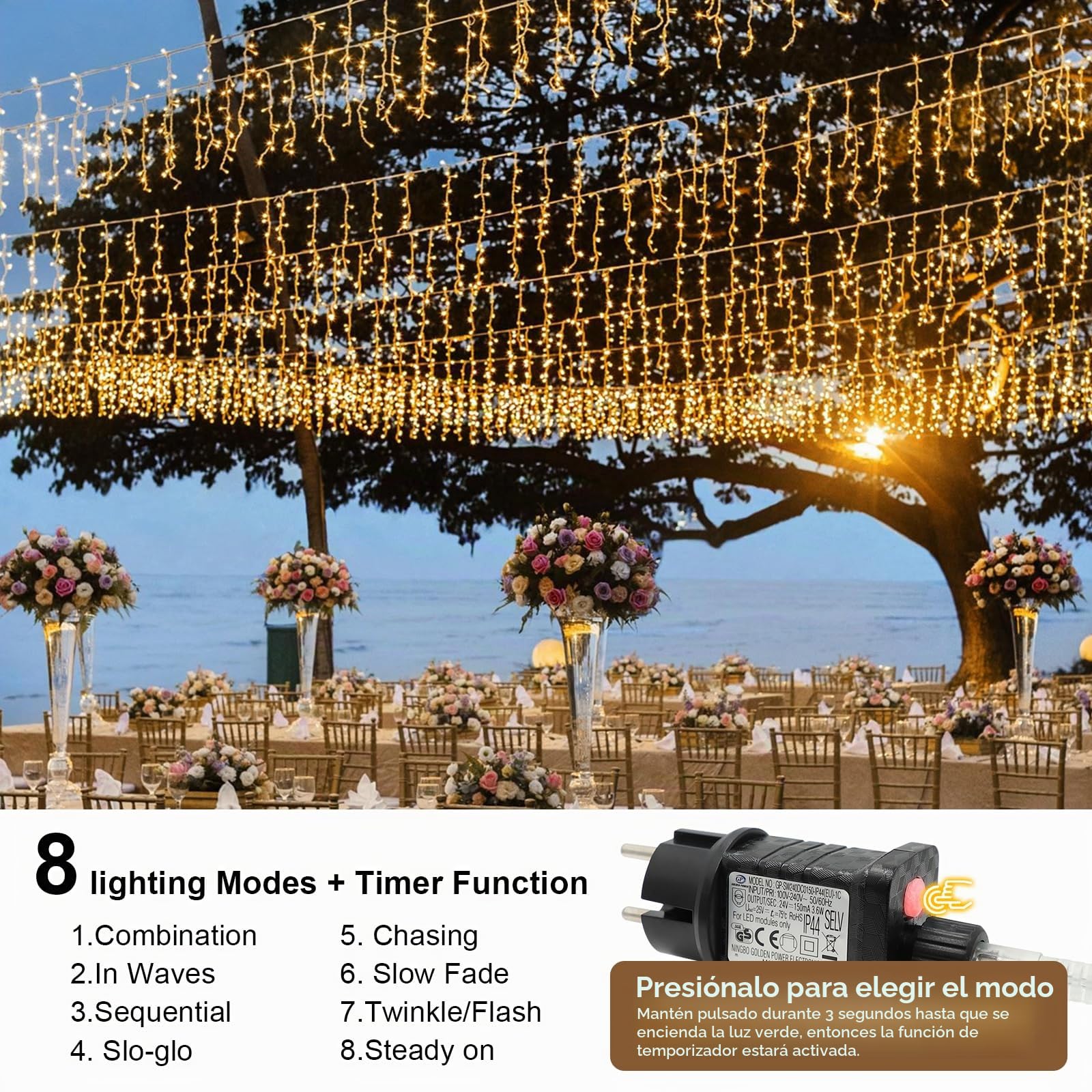 Cadena De Luces Exterior De Gotas De Hielo 20m 400 LED Iluminación De Navidad Cortina De Luces Exterior Con 8 Modos Temporizador Para Navidad, Boda, Halloween, Blanco Cálido