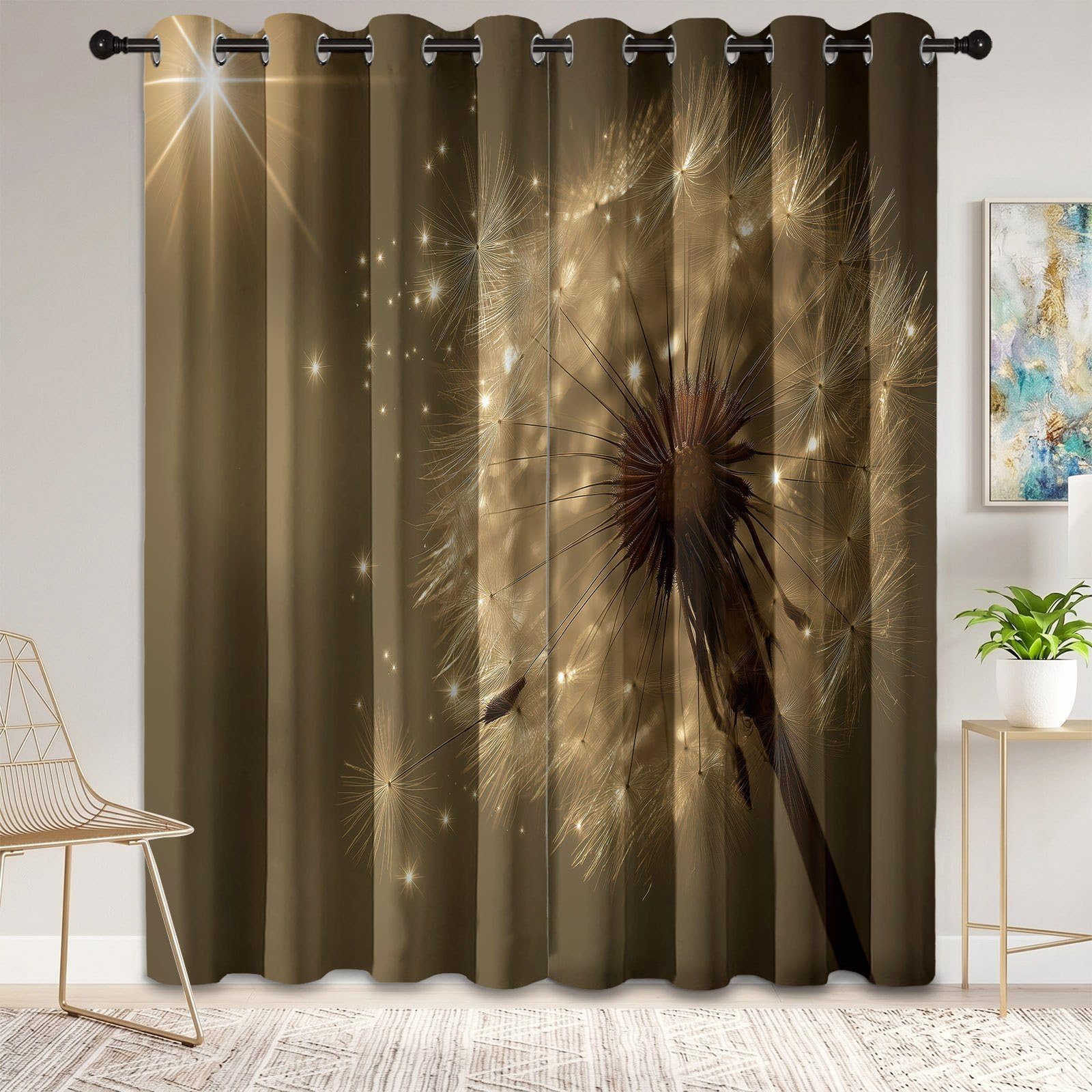 Fotografia vintage zasłony zaciemniające do sypialni salonu, 132 x 183 cm, izolacja termiczna, zasłony okienne, botaniczne nasiona mniszka lekarskiego, wzorzyste zasłony okienne, brązowe