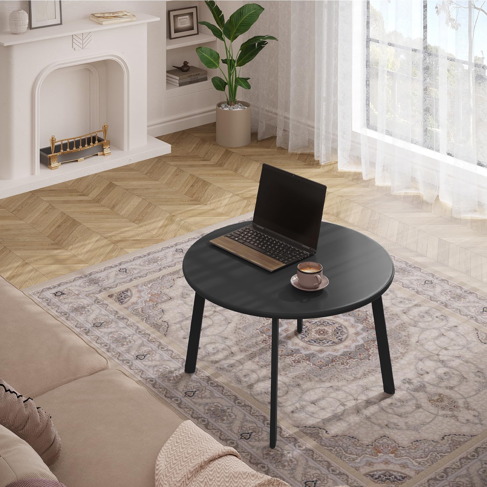 eSituro Tavolo da Giardino, Tavolo da Esterno, Tavolino Salotto Rotondo, Tavolino da Balcone, Stile Industriale, per Interni ed Esterni, in Metallo Nero, φ70xH40cm