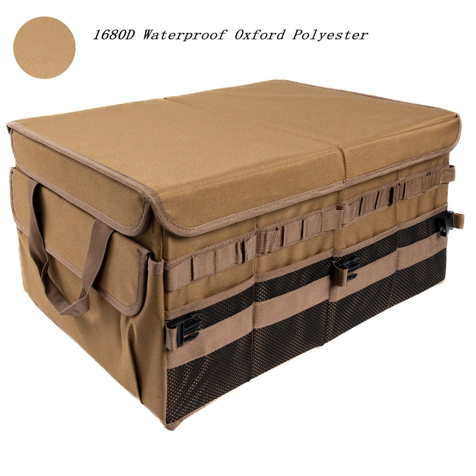 Großer 70 l SUV-Kofferraum-Organizer, Kofferraum-Organizer mit Deckel, faltbare Cargo-Aufbewahrungsbox, braun, 4 Fächer mit Griff, universell für Auto, Limousine, LKW, Camping