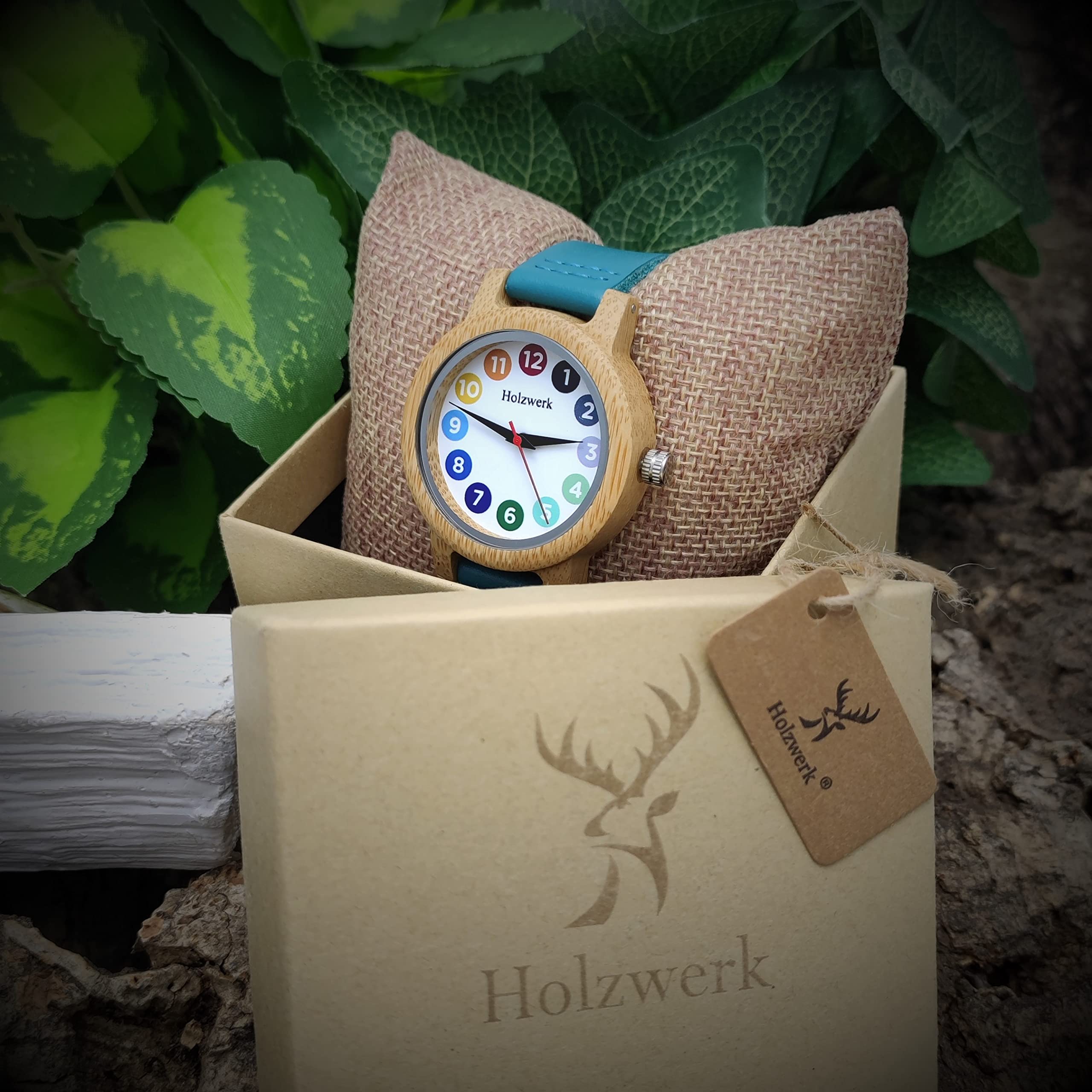 Holzwerk Germany® Dziewczęcy Zegarek dziecięcy Zegarek chłopięcy Eko Naturalny Drewniany Zegarek edukacyjny Skóra Zegarek na rękę Analogowy Klasyczny Zegarek kwarcowy w kolorze niebieskim, turkusowym, brązowym, białym, kolorowym