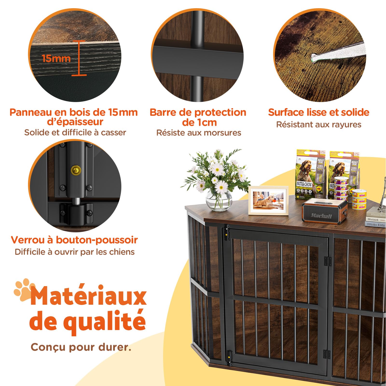 Gimars Meuble d’Angle pour Chien, Cage Décorative en Bois, Table d’Appoint Intérieure pour Chien de Petite et Moyenne Taille, Marron