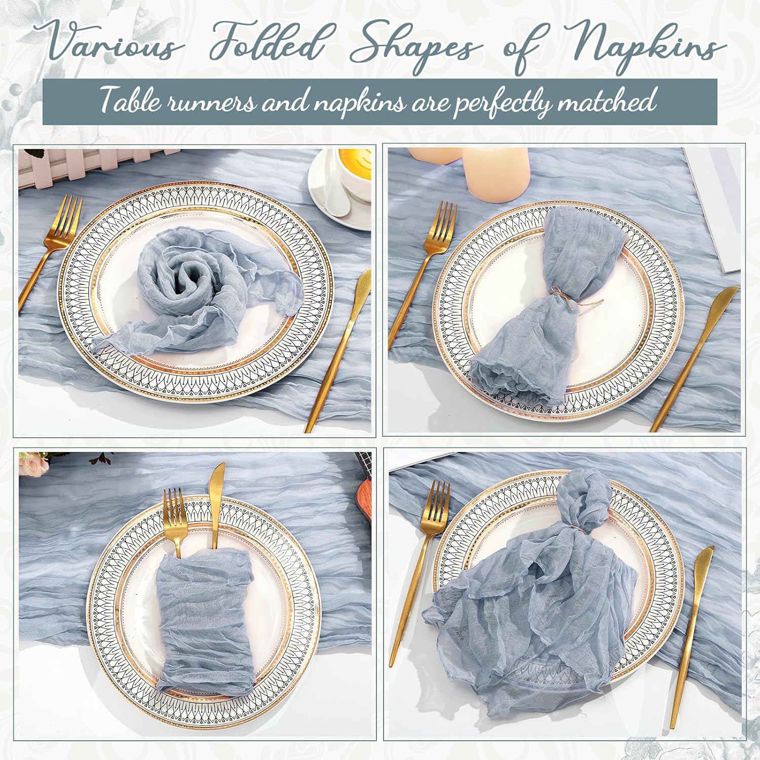 2 Cheesecloth Table Runners and 24 Napkins Set, 10Ft Boho Cheese Cloth Table Runners 20 x 20 Inch Rustic Wrinkled Gauze Napkins for Wedding Birthday Baby Shower Party Decor (Dusty Blue)