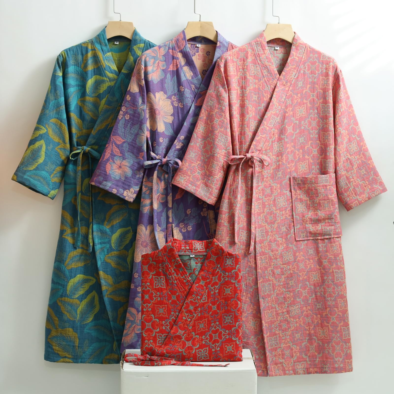 Damen Kimono-Bademantel aus Baumwoll-Jacquard, leicht, lockerer Morgenmantel, Spa-Sauna-Bademantel, Bedruckt, japanische Nachtwäsche,Blau,XL