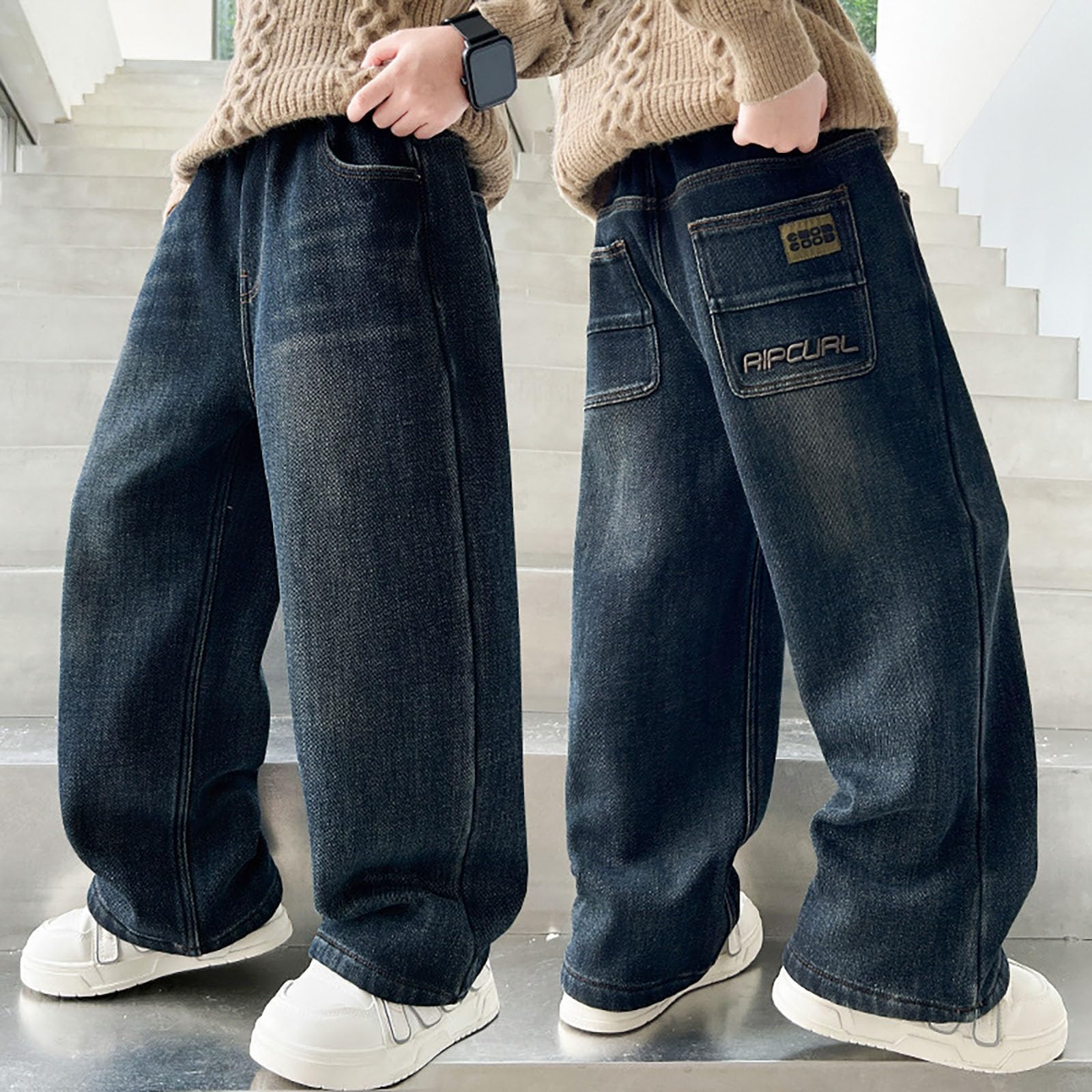Genérico Vaqueros elásticos para niño Corte Amplio sin apretar Calidez y transpirabilidad Elásticos y cómodos Estilo Streetwear Actual Vaqueros de Pierna Recta Confort en Todo el año