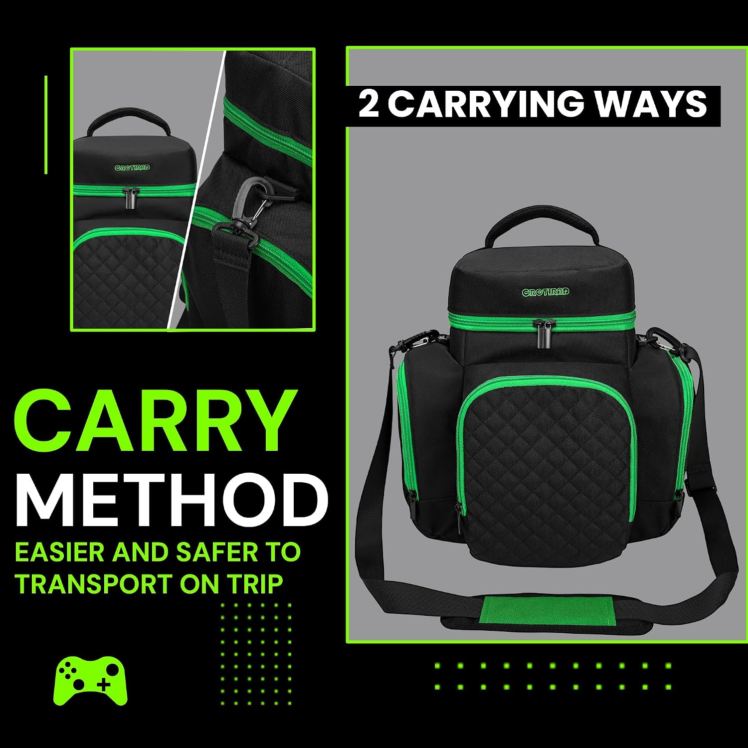 CROTIRAD Carrying Case Compatible with Xbox Series X, Travel Bag with Multiple Storage Pockets for Xbox Controllers, Headset, Game Discs, Cables and Other Accessories, Green Zip