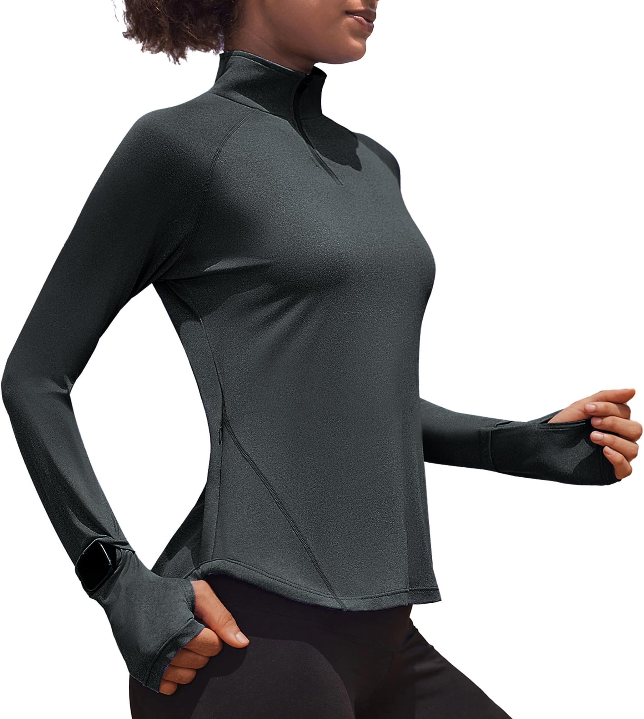 PINSPARK Women's Long Sleeve Workout Shirt 1/4 Zip Pullover Athletic Shirts Watch Holes Gym Top for Running Hiking