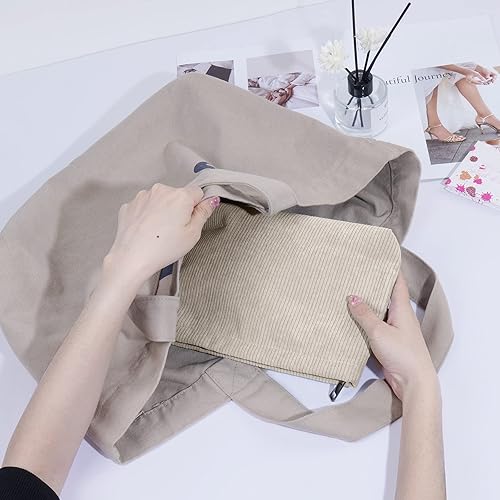 Miniatura 7 de MAANGE Bolsa de maquillaje de pana para bolsa de maquillaje portátil, Beige+gris, Bolsas de maquillaje de pana de tamaño compacto bien hechas para