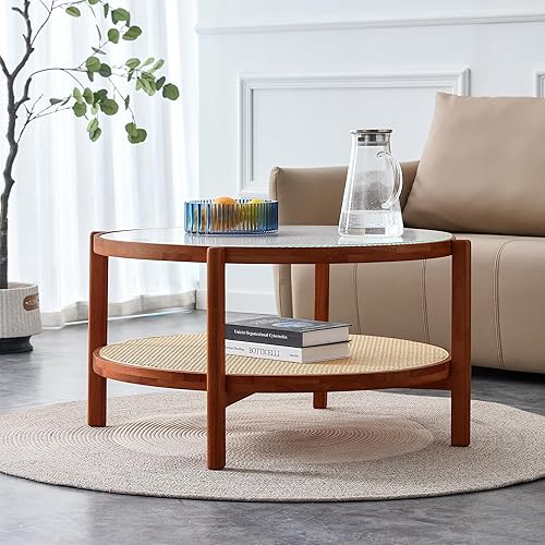 Miniatura 7 de Mesa de centro de ratán circular moderna para escritorio de cristal de doble capa, mesa auxiliar redonda pequeña para sala de estar, comedor y