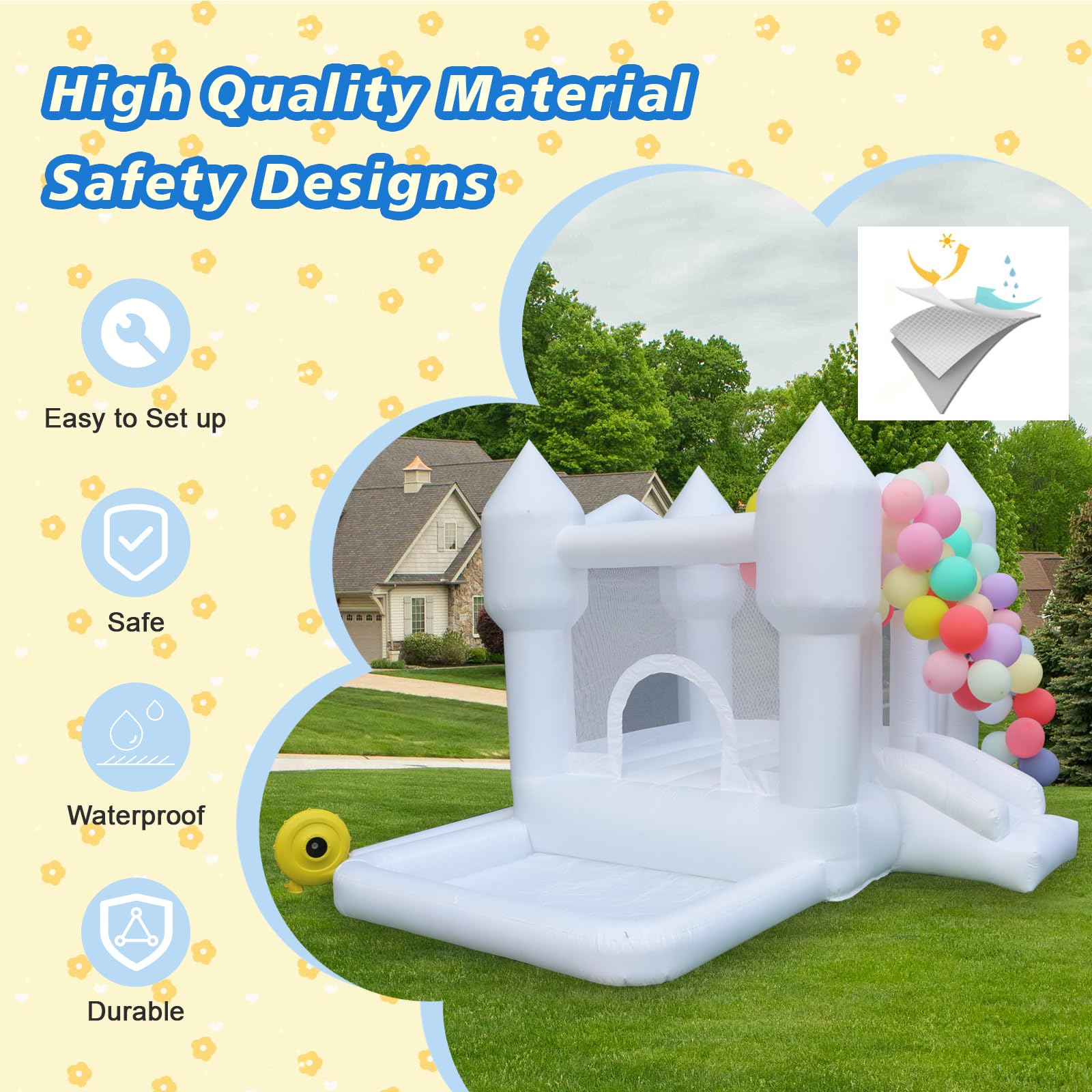 Inflatable White Bounce House, Castle Theme Inflatable Trampoline with Slide and Ball Pit, Jumping Bouncy Castle for Kids Birthday Party, Wedding, Backyard Indoor Outdoor