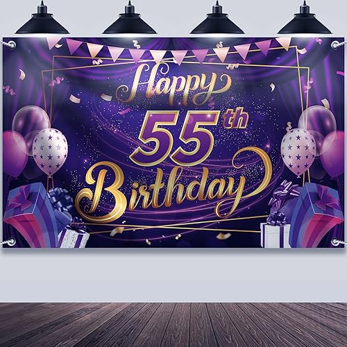 Telón de fondo de feliz cumpleaños número 55 pancarta de feliz cumpleaños de 71 x 44 pulgadas, decoración de fiesta de cumpleaños morado y dorado,