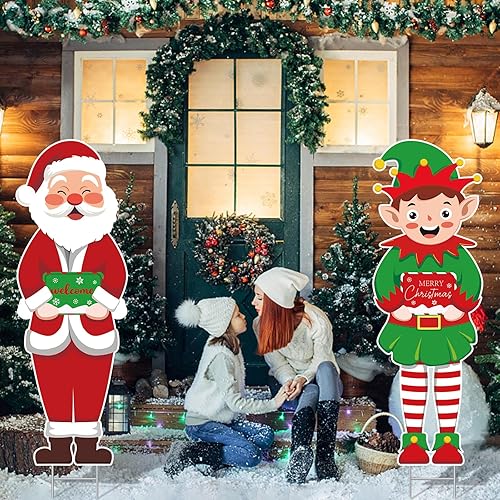 Miniatura 6 de 2 carteles de Navidad con estacas de elfo grande, decoraciones de Navidad al aire libre, césped de Navidad, letrero de bienvenida para Navidad,