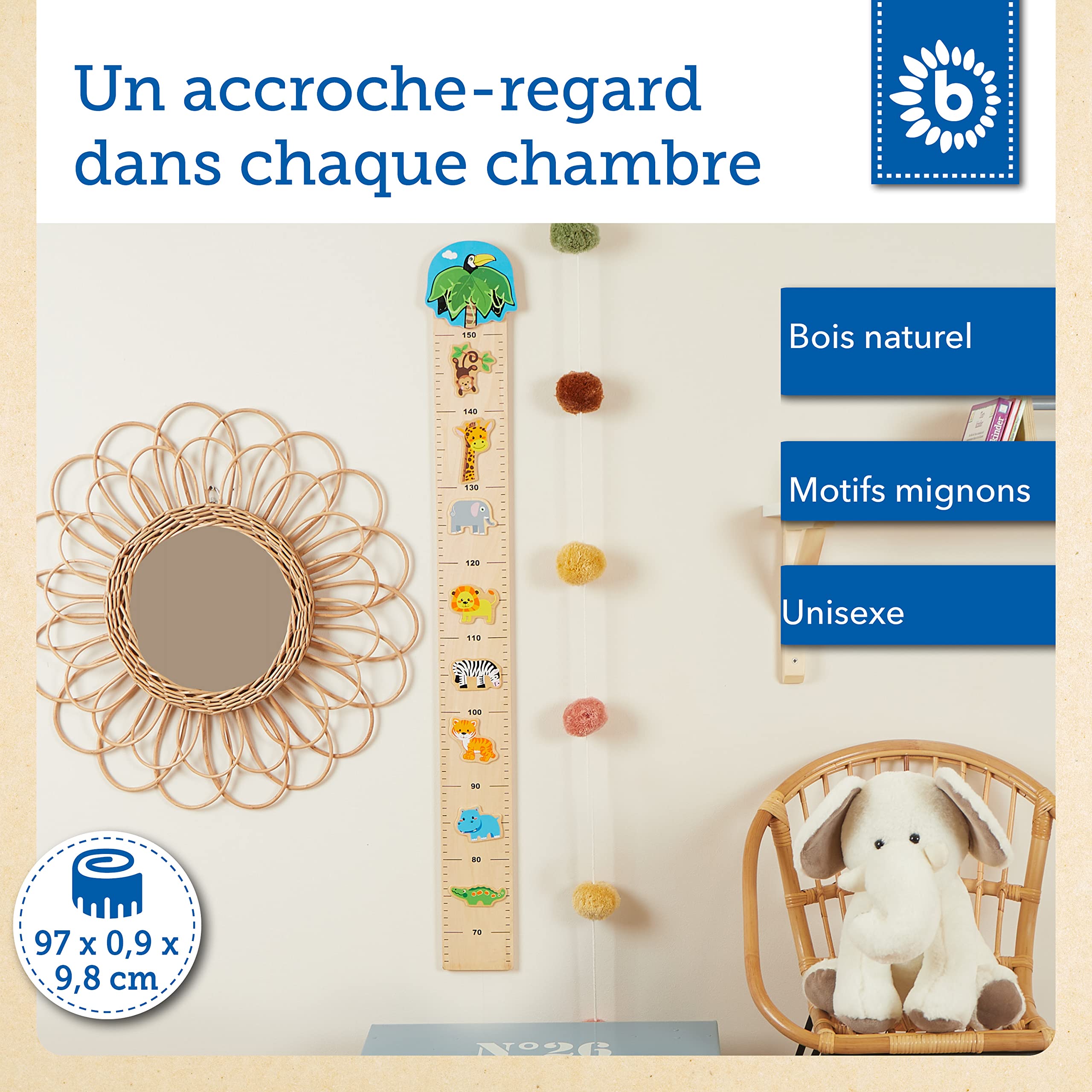 Bieco Toise Murale Enfant Bois Zoo | échelle 0,65-1,5m | Decoration Chambre Enfant | Tableau Chambre Enfant | Mesure Taille Enfant Mesure Enfant Mural Toise Enfant Deco Chambre Enfant Toise Bois