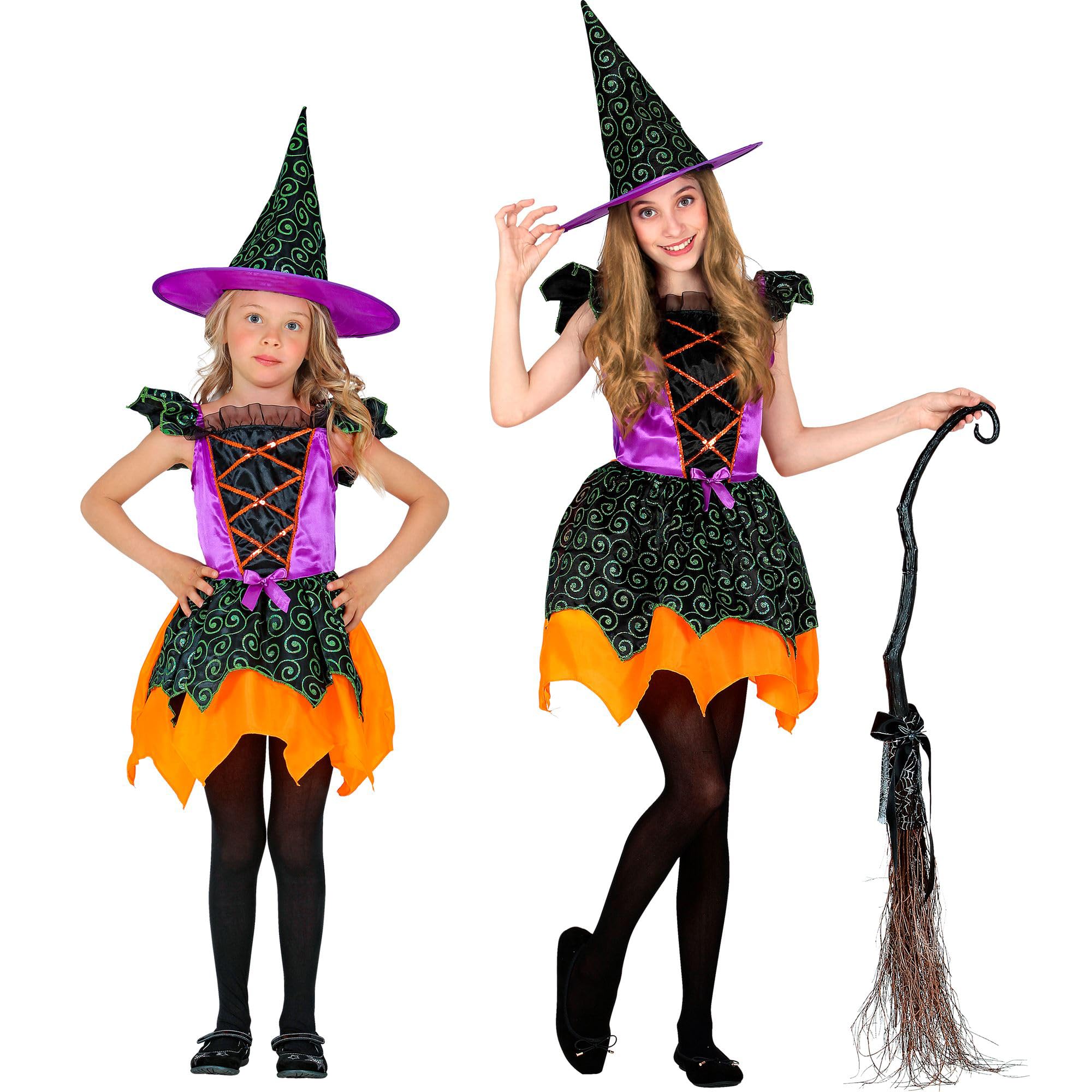 Widmann - Children's witch costume, 2 pieces, dress and hat, multicoloured, fairy tales, costume, fancy dress, theme party, carnival, Halloween