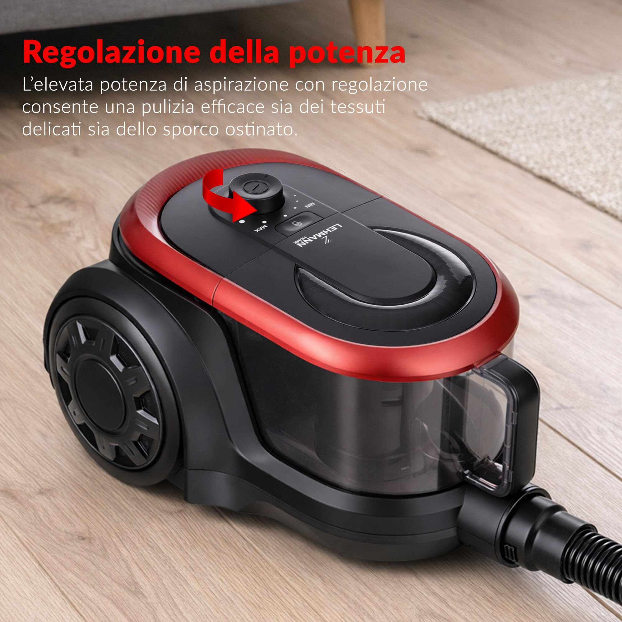 LEHMANN Aspirapolvere a Traino senza Sacco, Potente Tecnologia Ciclonica, Doppio Filtro HEPA per Allergici, Capacità 2,5 L, Serbatoio facile da Pulire, Design Compatto, Set di Accessori, Nero/rosso