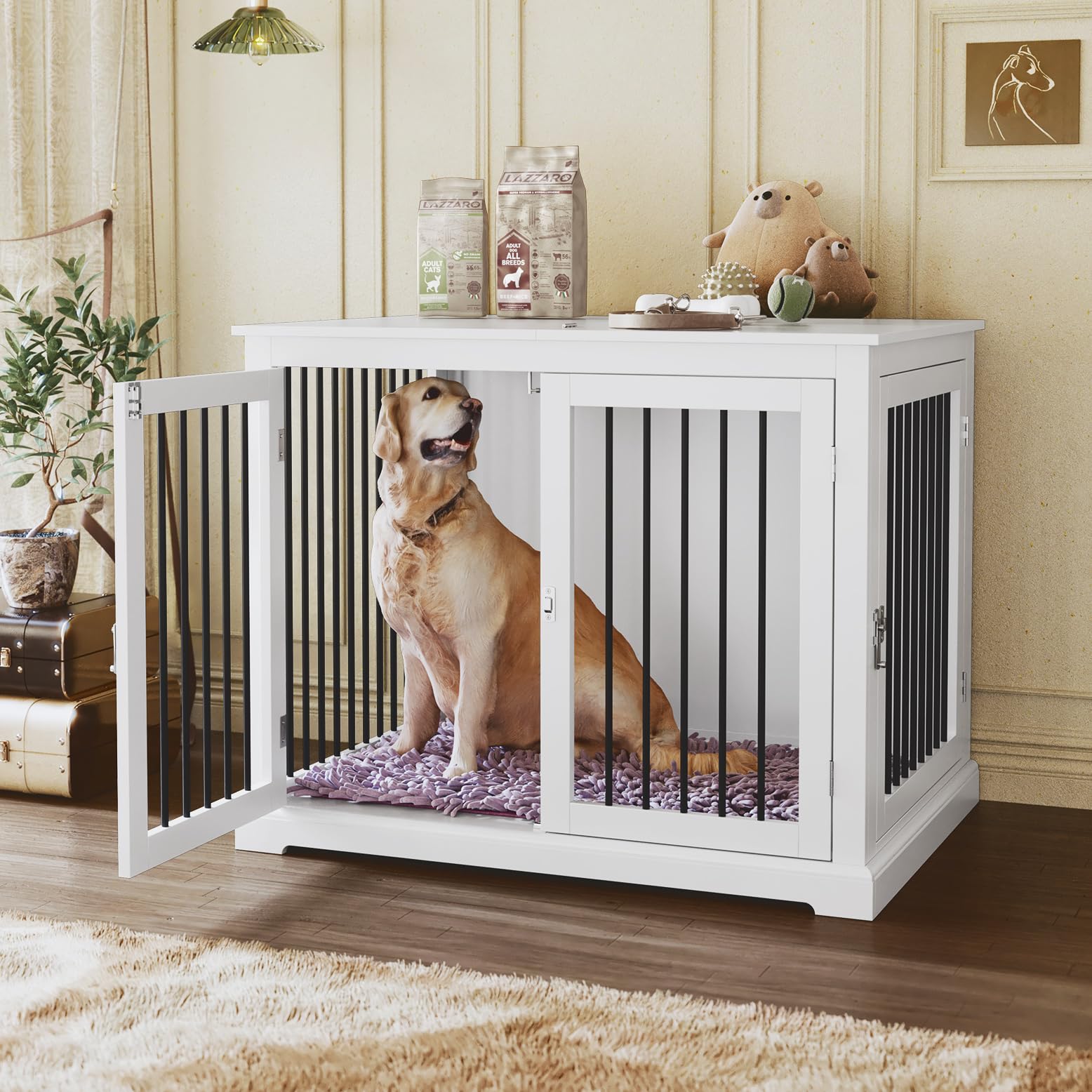 HOLTICO Large Dog Crate Furniture with Washable Cushion, Wooden Dog Crate Top End Table with 3 Doors, White Dog Cage for Large, Medium, Small Dogs
