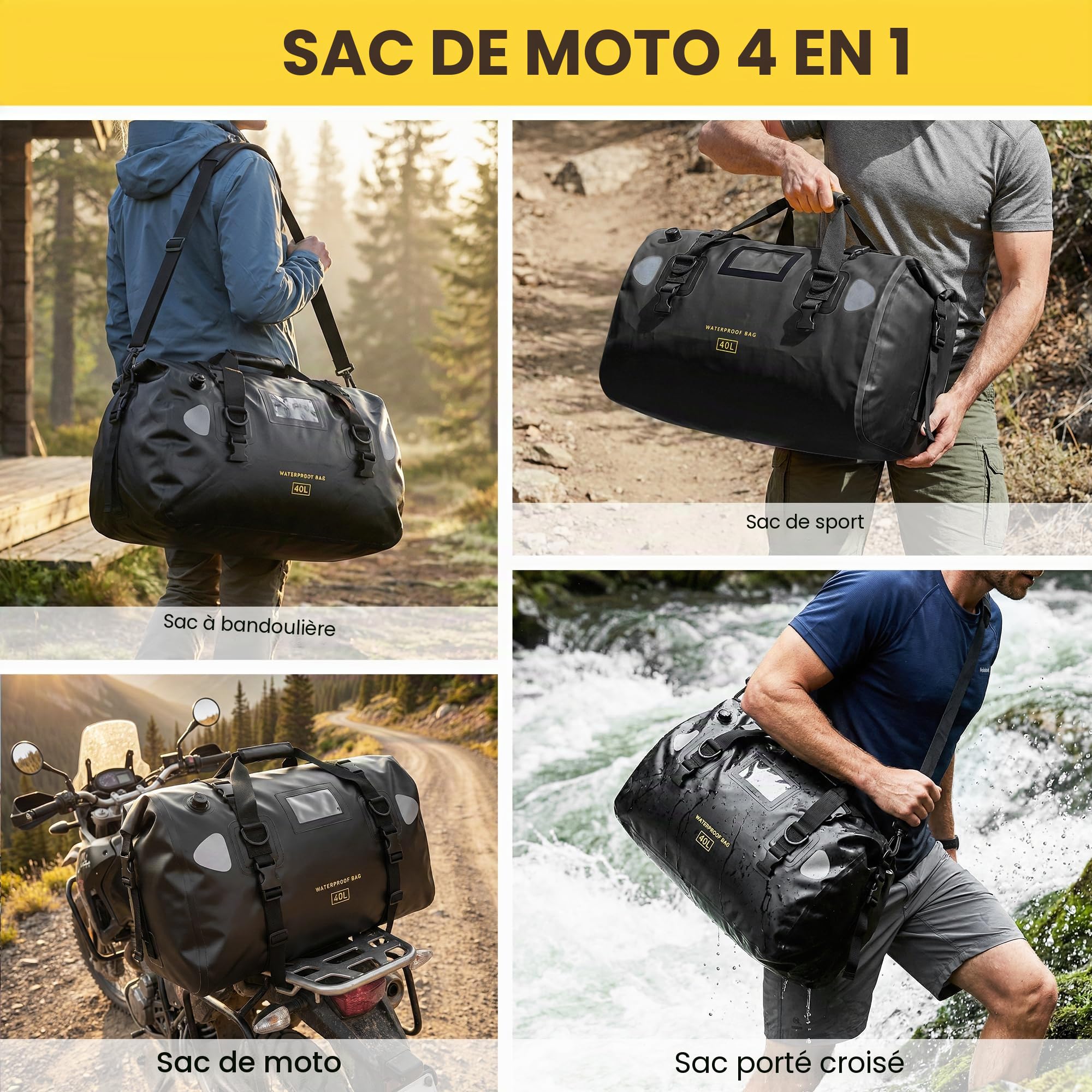 HOMIEE Sacoche arrière de moto - Étanche - 40 l - Grande sacoche arrière avec sangles à fermeture rapide - Pour touring, camping, moto, cyclisme, sports nautiques (noir)