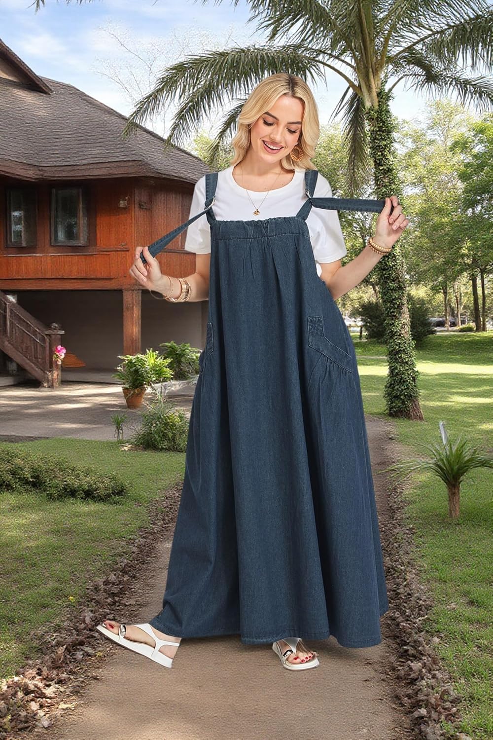 Denim Jumper Dress for Women Loose Version Baggy Style Maxi Length Adjustable Straps Wide Hemline - Image 5