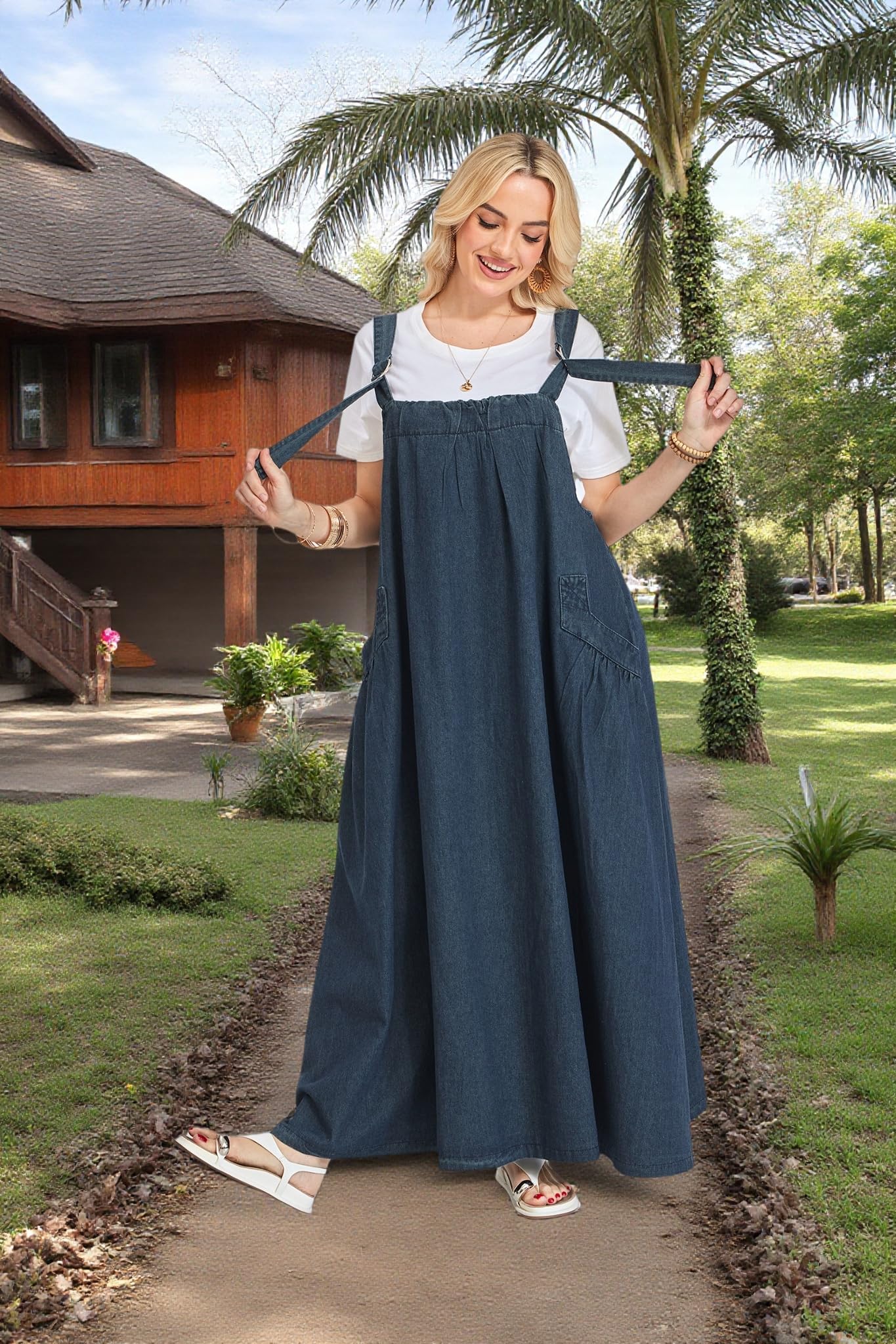 Vestido de mezclilla ancho para mujer, longitud máxima, tirantes ajustables, dobladillo ancho