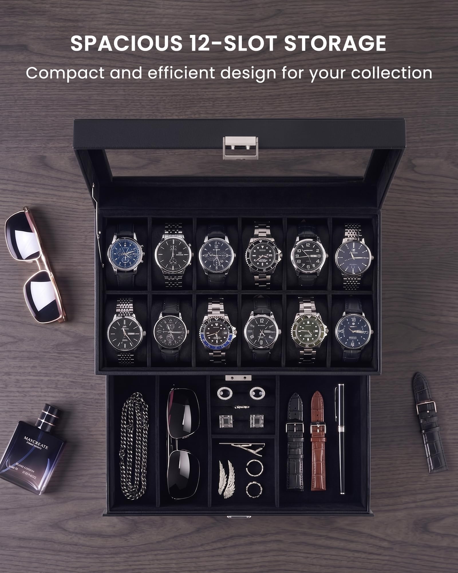 ProCase Scatola per orologi con 12 scomparti, coperchio in vetro, 2 livelli | con Cuscino Rimovibile, per Gioielli, Anelli, Bracciali e Collane -