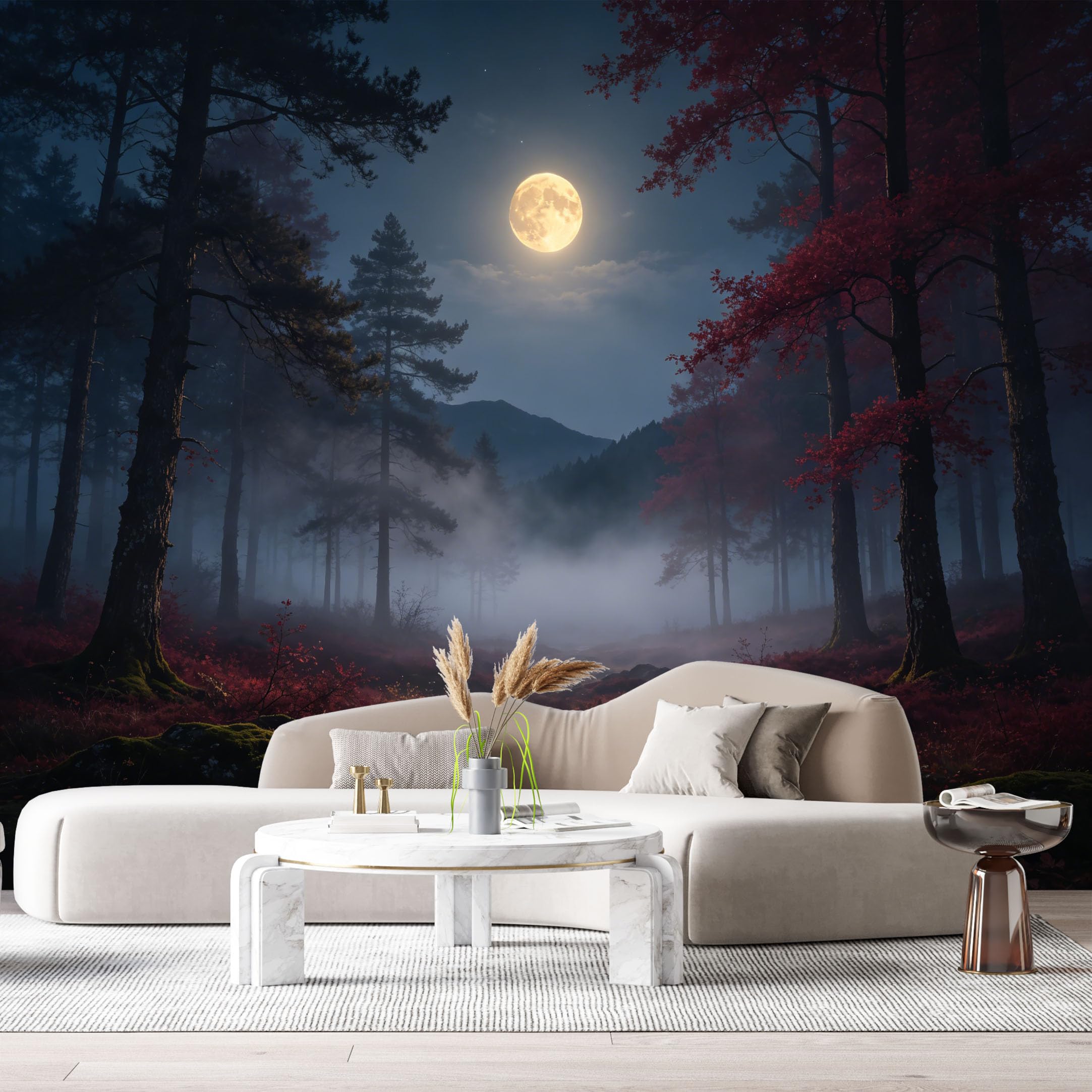 Custom Size Wall Murals Moonlit Forest Landscape Misty Mountains Night Sky SelfAdhesive Wall Fabric Removable Large Wallpaper for Photo Living Room