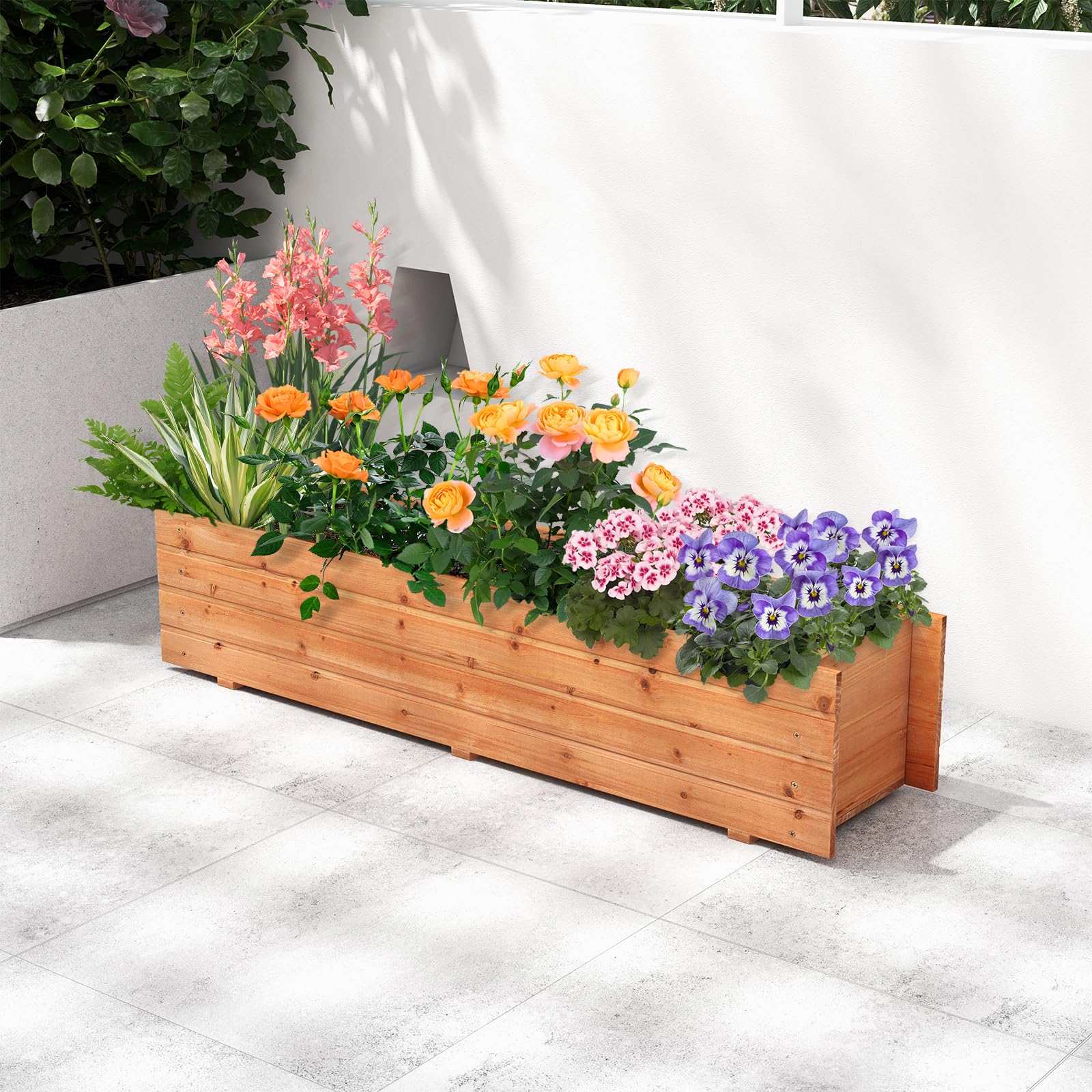 HAPPYGRILL Raised Garden Bed, Wood Rectangular Planter Box w/ 2 Drainage Holes, Decorative Flower Box, Outdoor Raised Beds for Vegetables, Flowers, Fruits & Herbs, 44” x 11” x 10”
