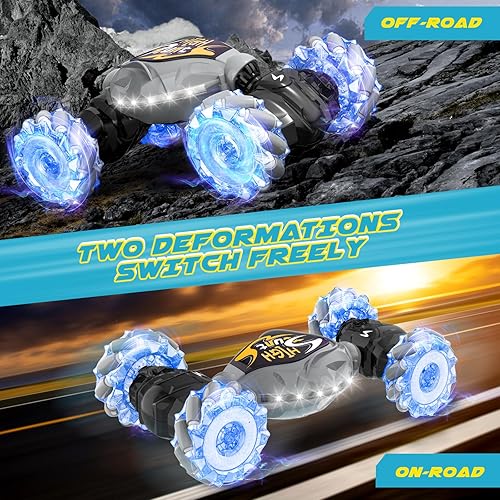 Miniatura 3 de Auto de control remoto, 2.4 GHz, auto de acrobacias RC con detección de gestos LED, 4WD de rotación de doble cara con luces y música, automóvil de