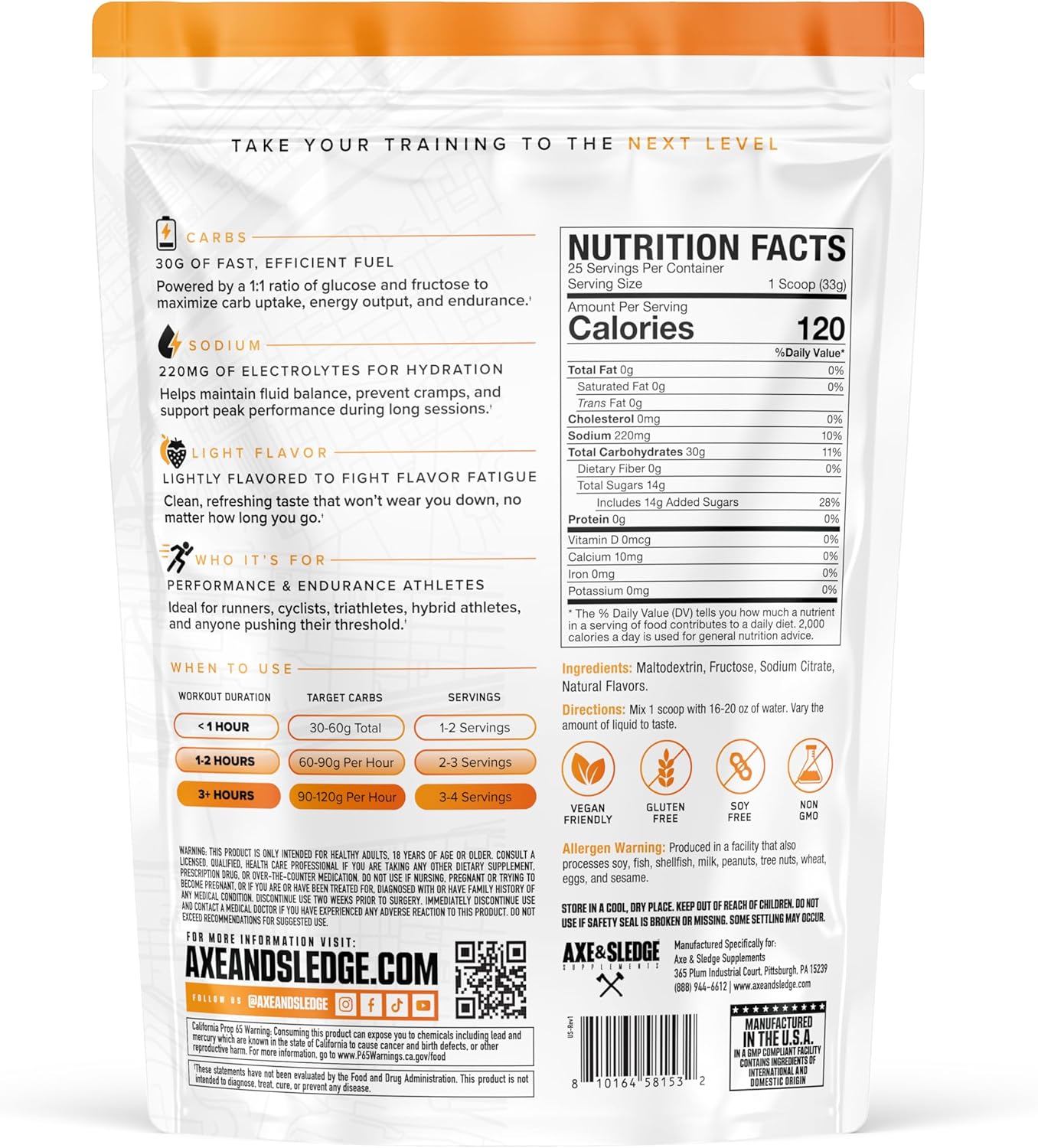 Axe & Sledge Endurance Carb Powder Sports Drink Mix for Endurance Athletes – Fast-Absorbing 1:1 Carbohydrate Fuel, 30g Carbs, 220mg Sodium, Orange Flavor, 25 Servings