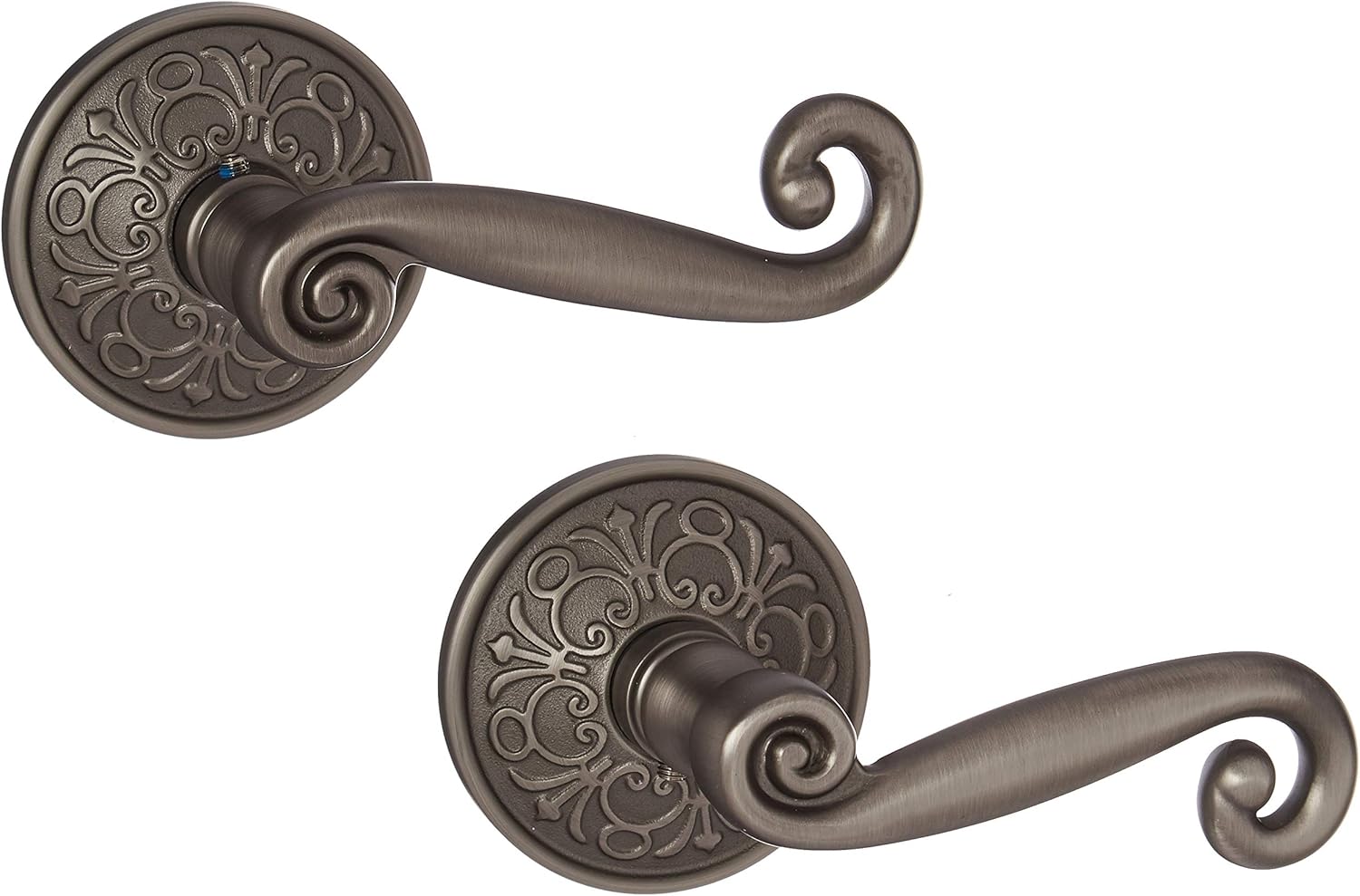 Lancaster Door Set with Scroll Design Levers Right Hand Double Dummy in Antique Pewter. Old Door Knobs.