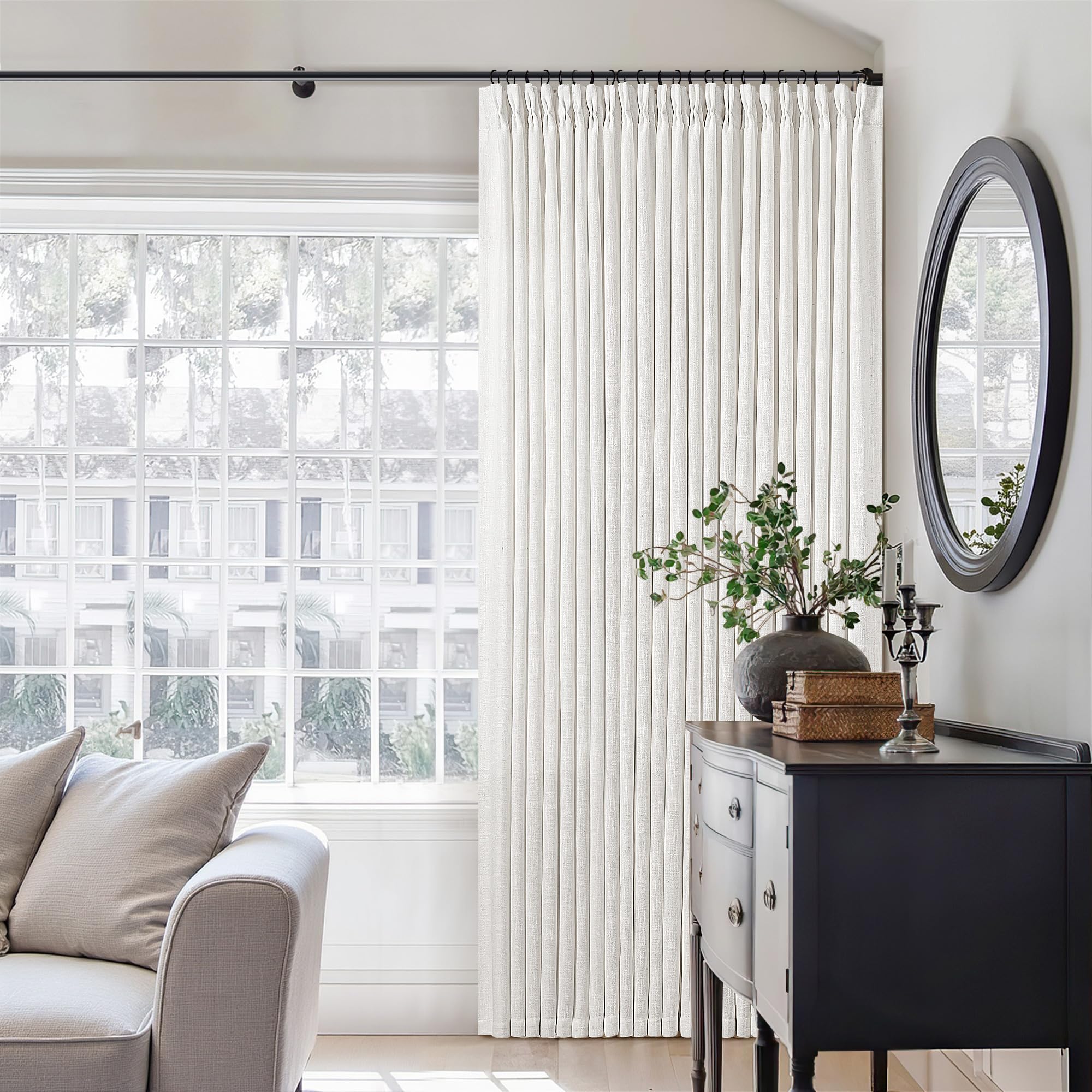 TWODRAPES Beige White Pinch Pleated Linen 92 Inch Curtains 60 Inch Width