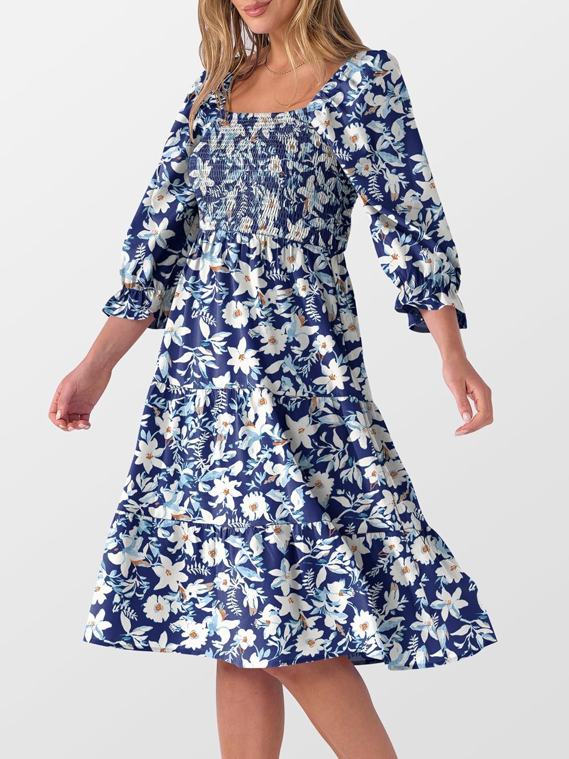 Caracilia Women 3/4 Sleeve Square Neck 2026 Summer Fall Wedding Guest Floral Smocked Casual Boho Midi Dresses - Image 2