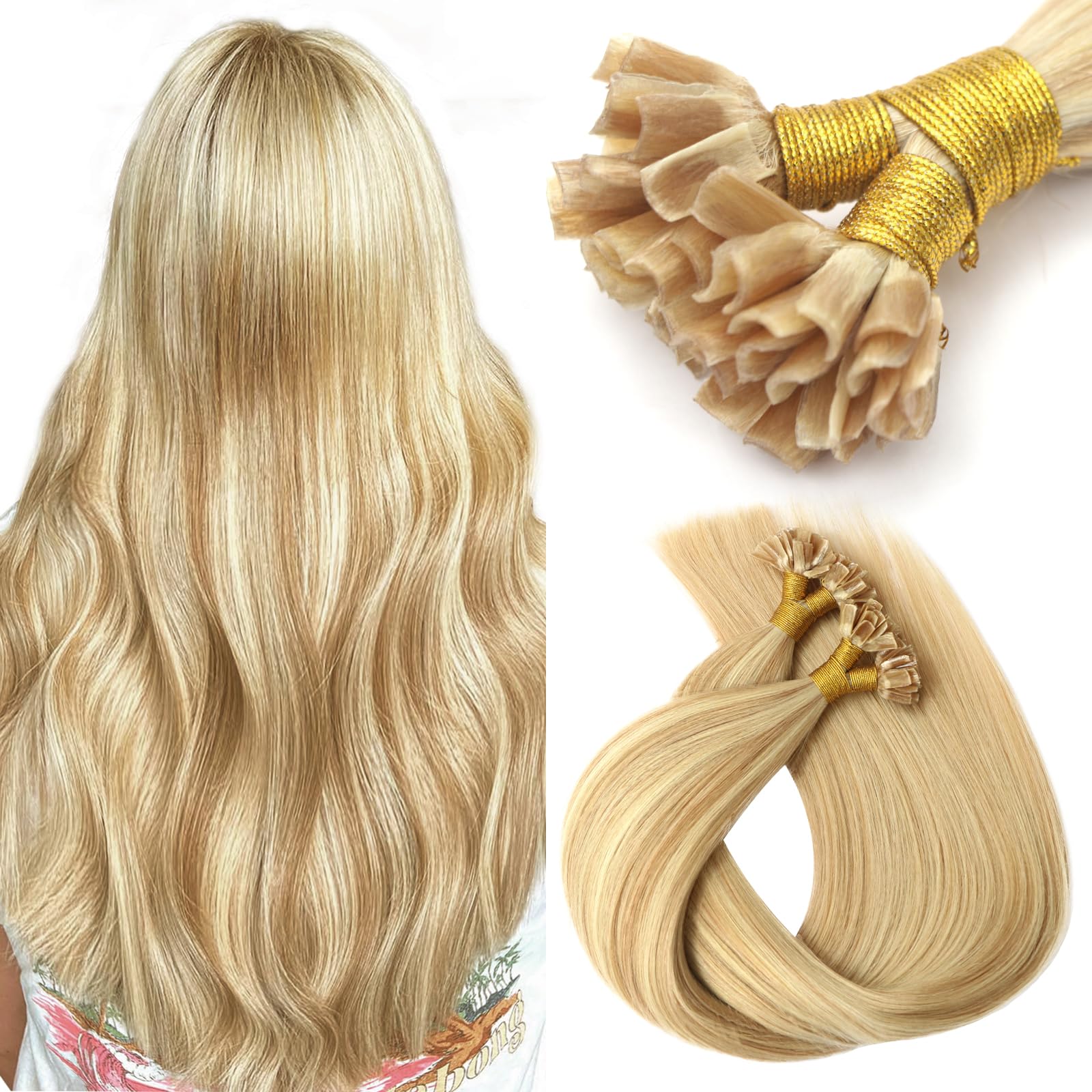 VINBAO Extension Capelli Cheratina 50Ciocche U Tip Human Hair Extension Biondo Caramello E Biondo Platino Extension Capelli Veri Cheratina 35cm 40g Capelli Umani Estensionis (#UTip27P60, 14'')