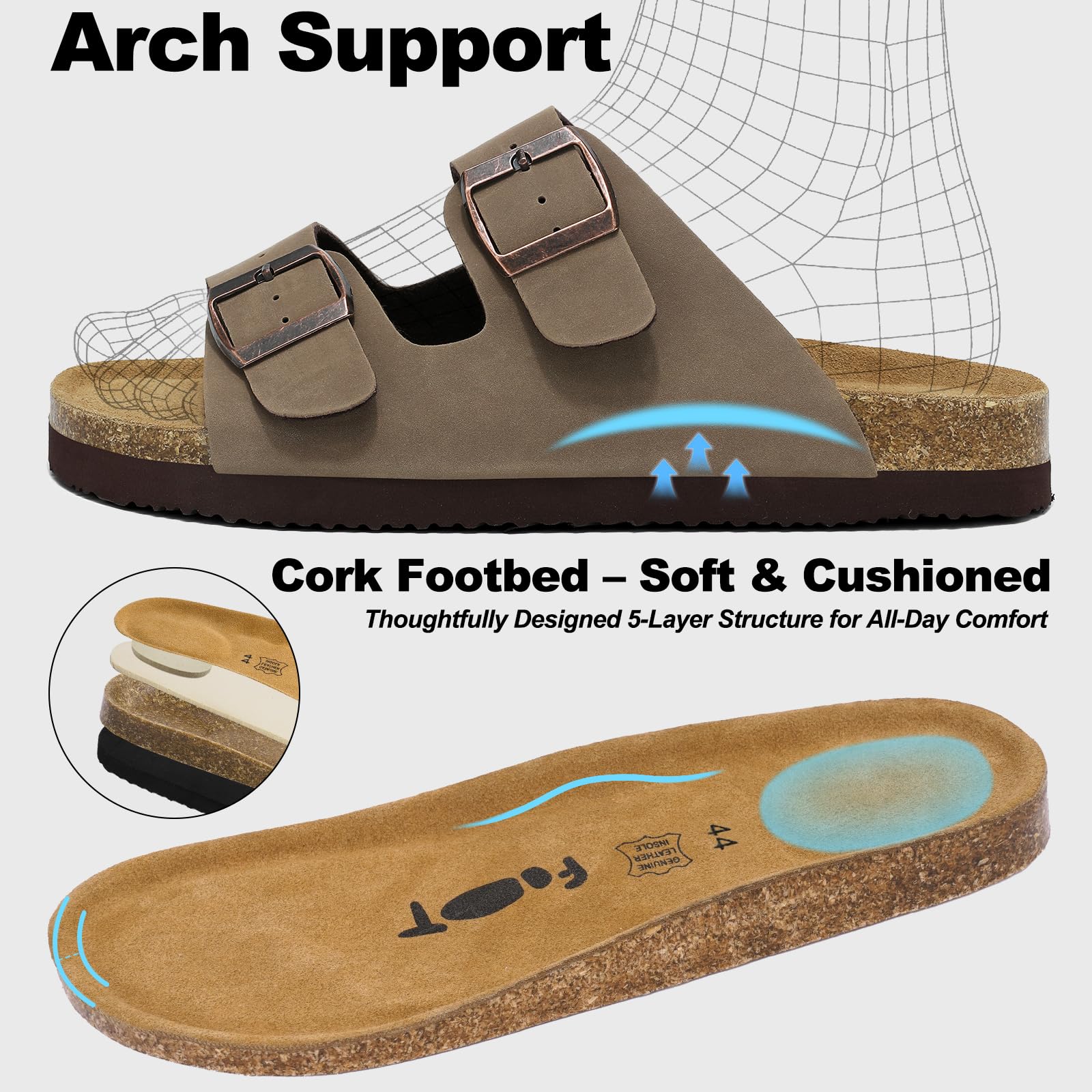 Wizshoe Sabot Sandali Uomo Estivi Comodi con Plantare in Sughero 41-46 EU | Supporto dell'Arco Plantare, Ciabatte con Fibbia Regolabile, Antiscivolo Scarpe da Casa o da Esterno, Sandali Casual Uomo