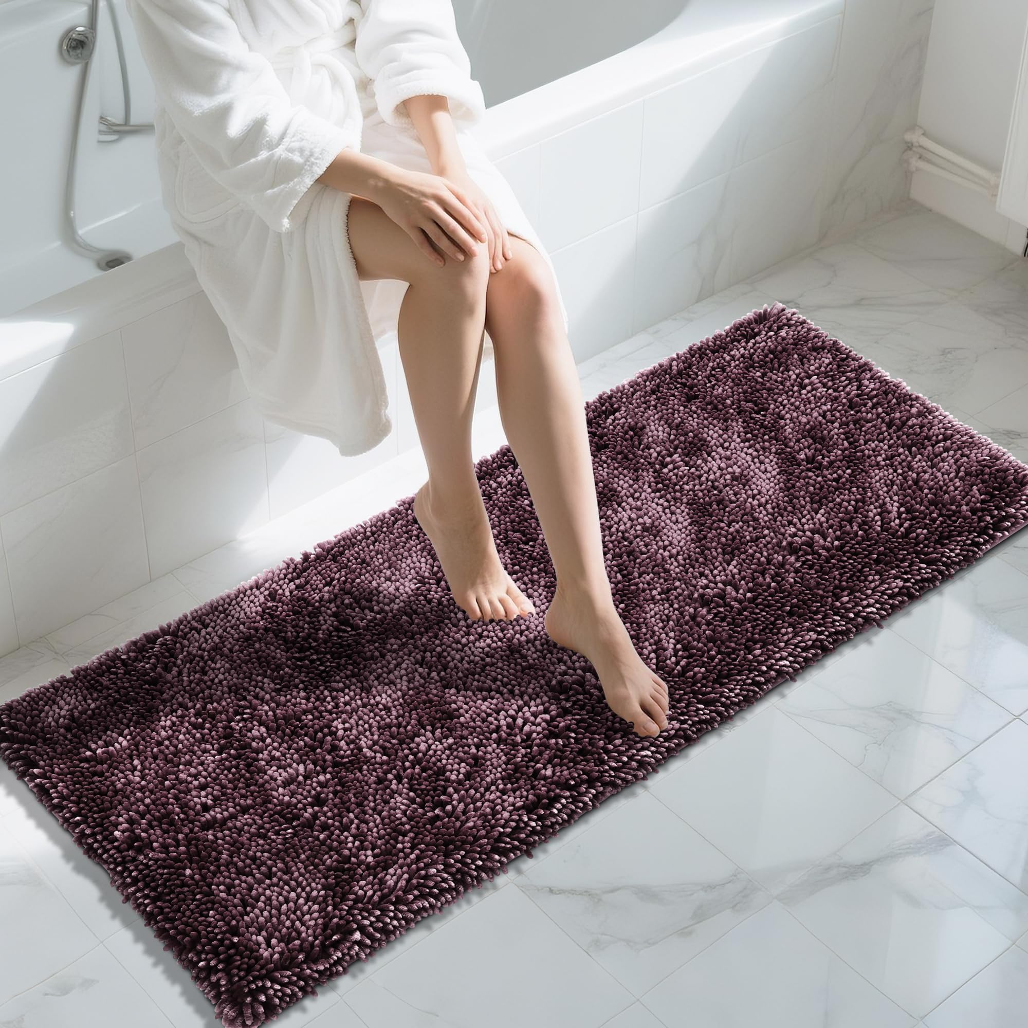 Yimobra Long Bathroom Rugs Runner 60x24 Inch, Extra Thick Soft Absorbent Chenille Bath Mat, Non Slip Machine Washable, Quick Dry Bath Rugs for Bathroom Floor, Tub and Shower, Purple Grey