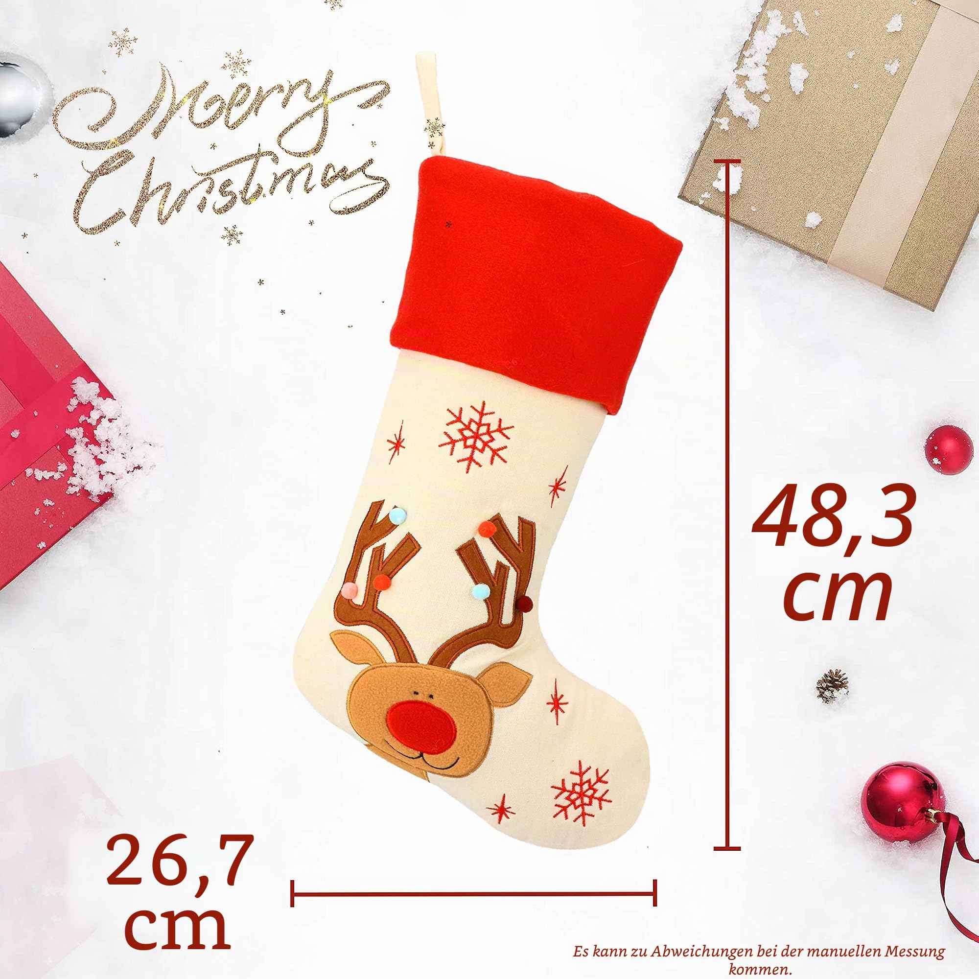Hopearl Weihnachtsstrümpfe Set 4er - Rustikale Leinen Socken mit Weihnachtsmann, Schneemann, Rentier & Pinguin - 48 cm Geschenkbeutel für Weihnachtsbaum & Familienfeiern