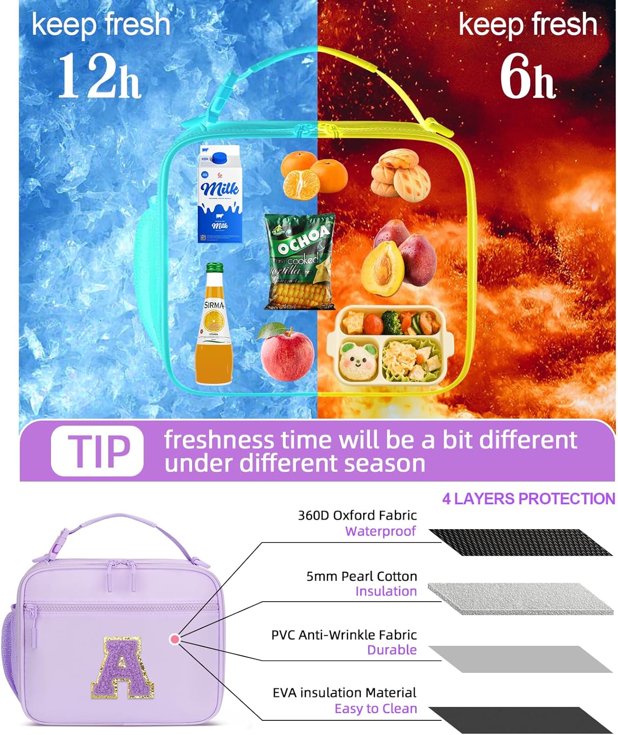 Kids Initial Lunch Bag, Reusable Insulated Lunch Box for Girls Toddlers, Back to School Gift, Leak-proof Cooler Bag for School Daycare Travel Picnic, Purple-A - Image 6
