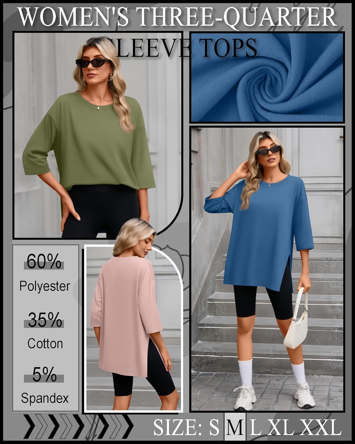 Huukeay 3 Pack Women's Oversized T Shirts Workout 3/4 Sleeve Top Loose Side Split Gym Elbow Crewneck Fall Casual Clothes Tee(Haze Blue, Cinnamon Pink, Grass Green,Medium) - Image 5
