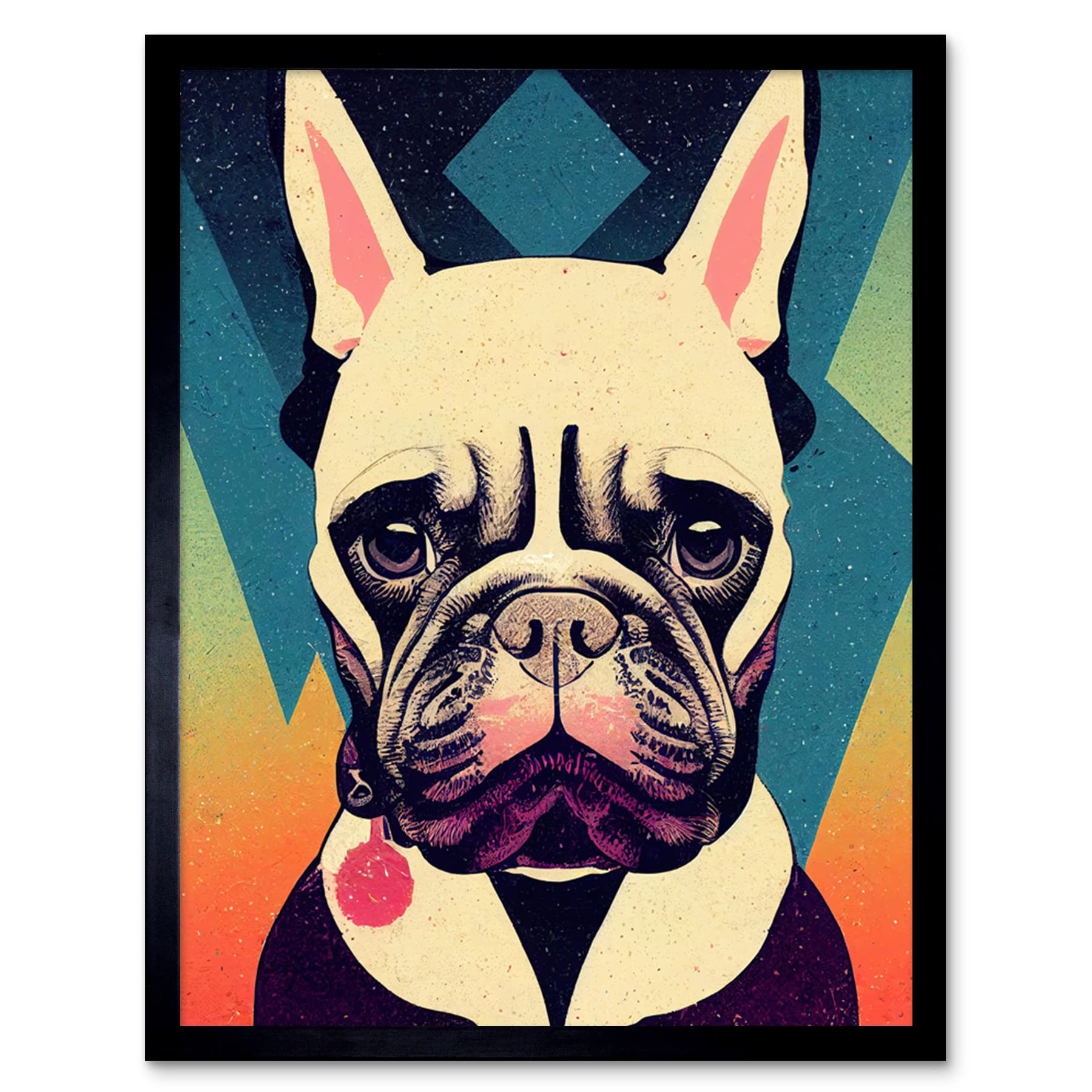 Wee Blue Coo French Bulldog Portrait Geometric Pastel Modern Illustration Artwork Framed Wall Art Print 9X7 Inch