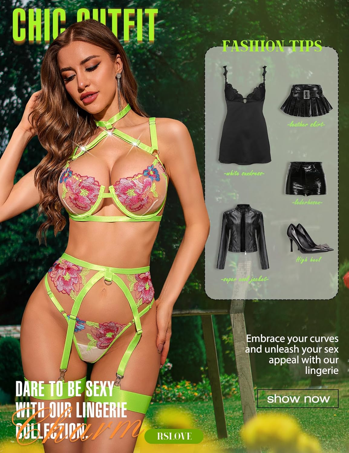 RSLOVE Women's Sexy Lingerie Set with Garter Belt Underwire Floral Embroidered 3 Piece Bra and Panty Sets Lace Babydoll - Image 5