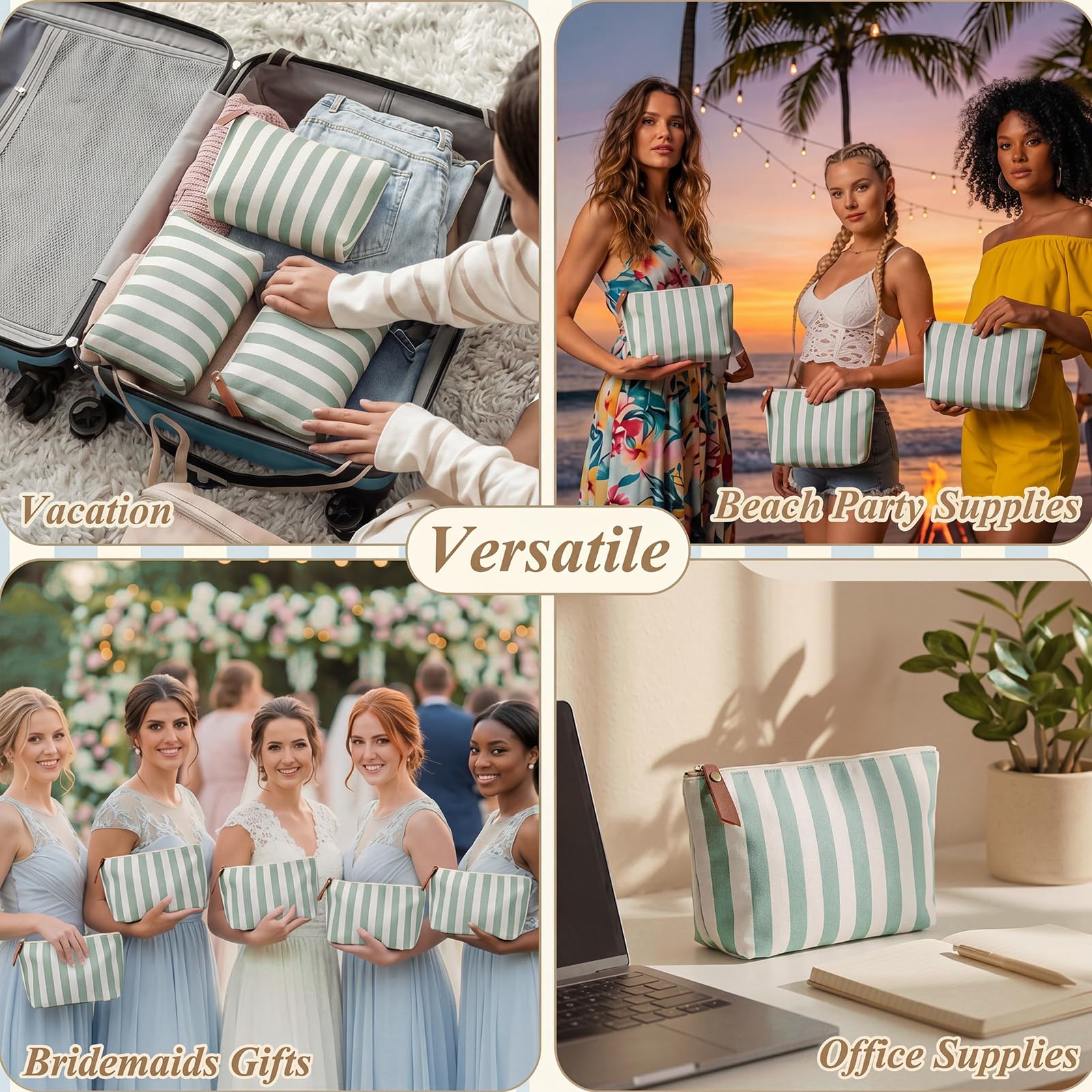 Hillban 12-Piece Striped Canvas Cosmetic Bags with Zipper