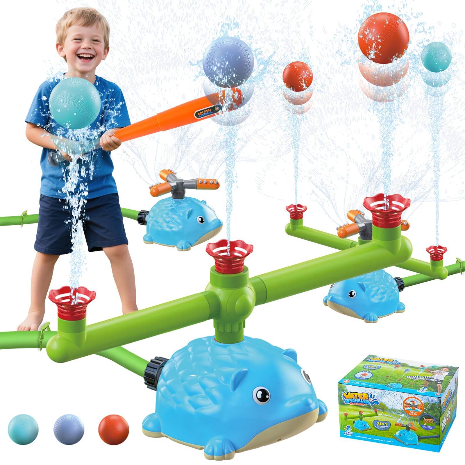 LawnIdyll Water Sprinkler Baseball Toy, 5 in 1 Water Sprinkler for Kids Summer Outdoor T-Ball with 3 Jets, 3 Baseballs, 1 ...