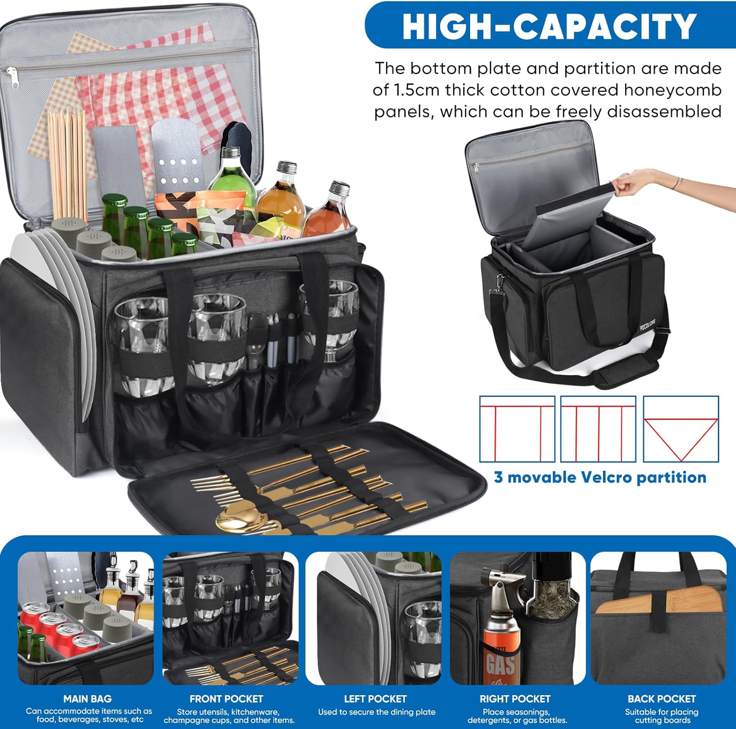 Multi-Purpose Picnic Gear Bag - Outdoor Camping Organizer Storage Bag for Cooking Utensils, Tableware, Gas Bottles, and Spices | Waterproof and Durable | 19.5x13.5x11.5 inches (Dark Gray)