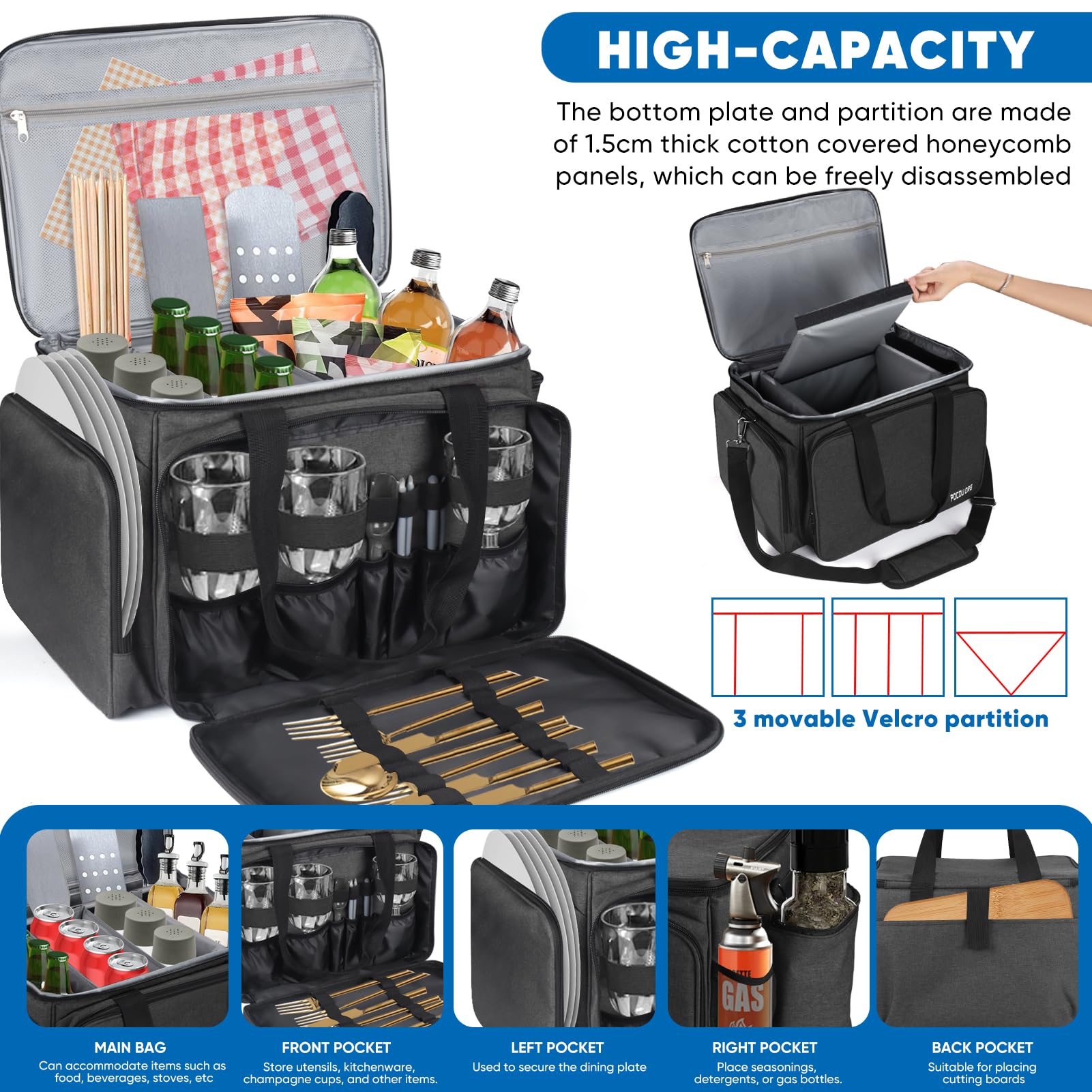 Bolsa de picnic multiusos, organizador de camping al aire libre, bolsa de almacenamiento para utensilios de cocina, vajilla, botellas de gas y especias, impermeable y duradera, 19.5 x 13.5 x 11