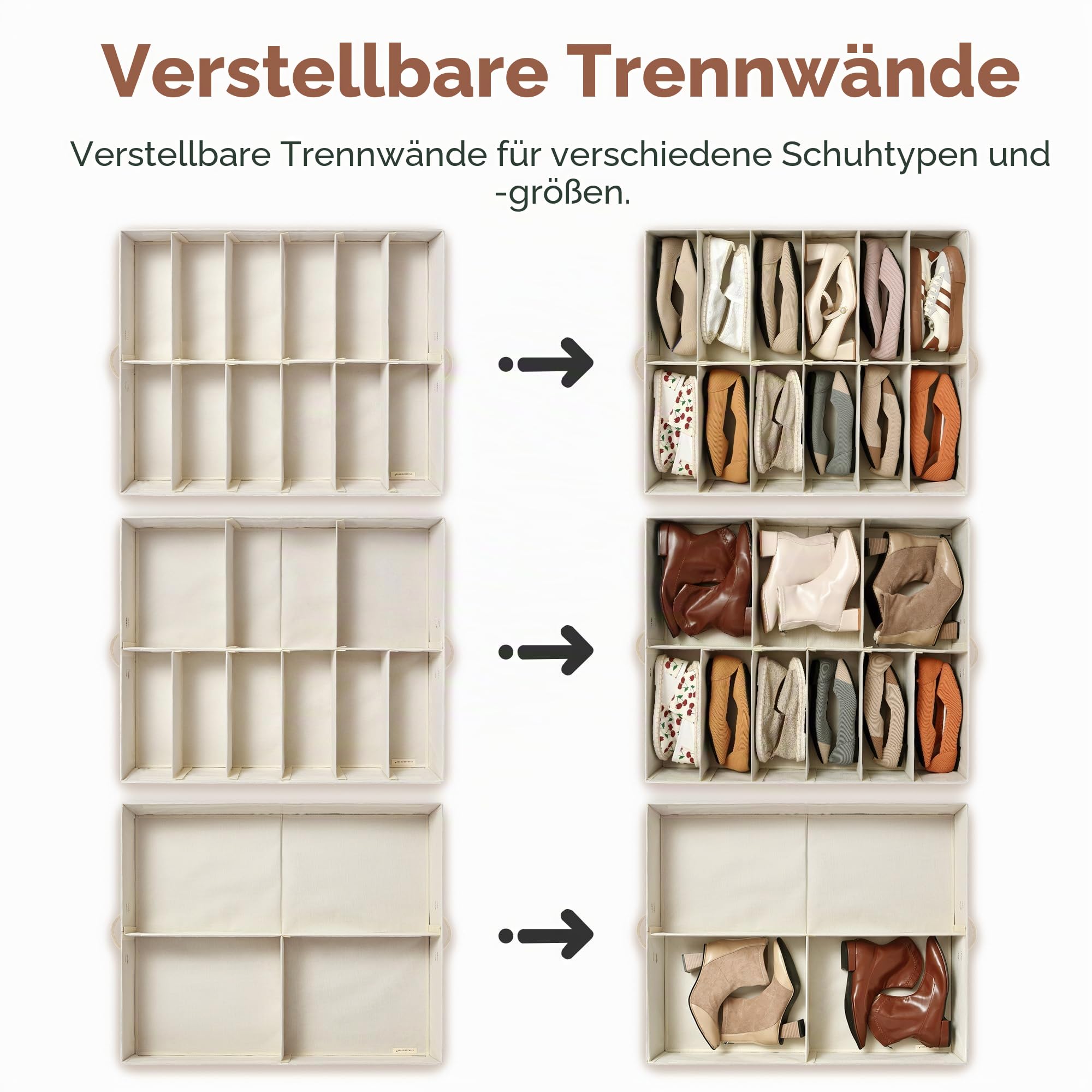 StorageWorks Schuhaufbewahrung für Schrank, für bis zu 24 Paare, Stoff Aufbewahrungsbox Unterbett mit verstellbaren Trennwänden, Schuhkasten für unter das Bett, beige (Baumwolle-Leinen), 2 Stück