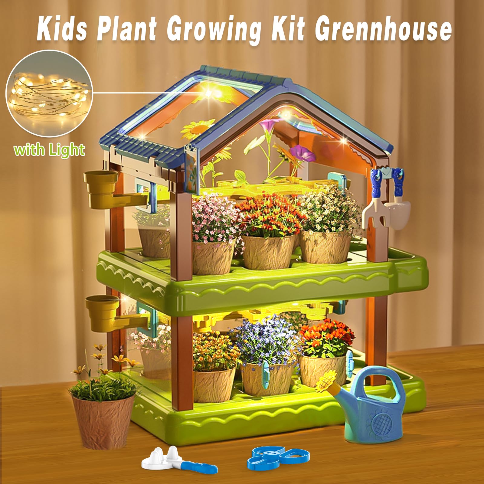 Mostop Kids Gardening Kit Greenhouse Growing Terrarium Kit, Kids Plant Growing kit, Kids Gardening Set with Garden Tools, Watering Can, Educational Creative Thinking Toddler Gardening Set for Kids - Image 2
