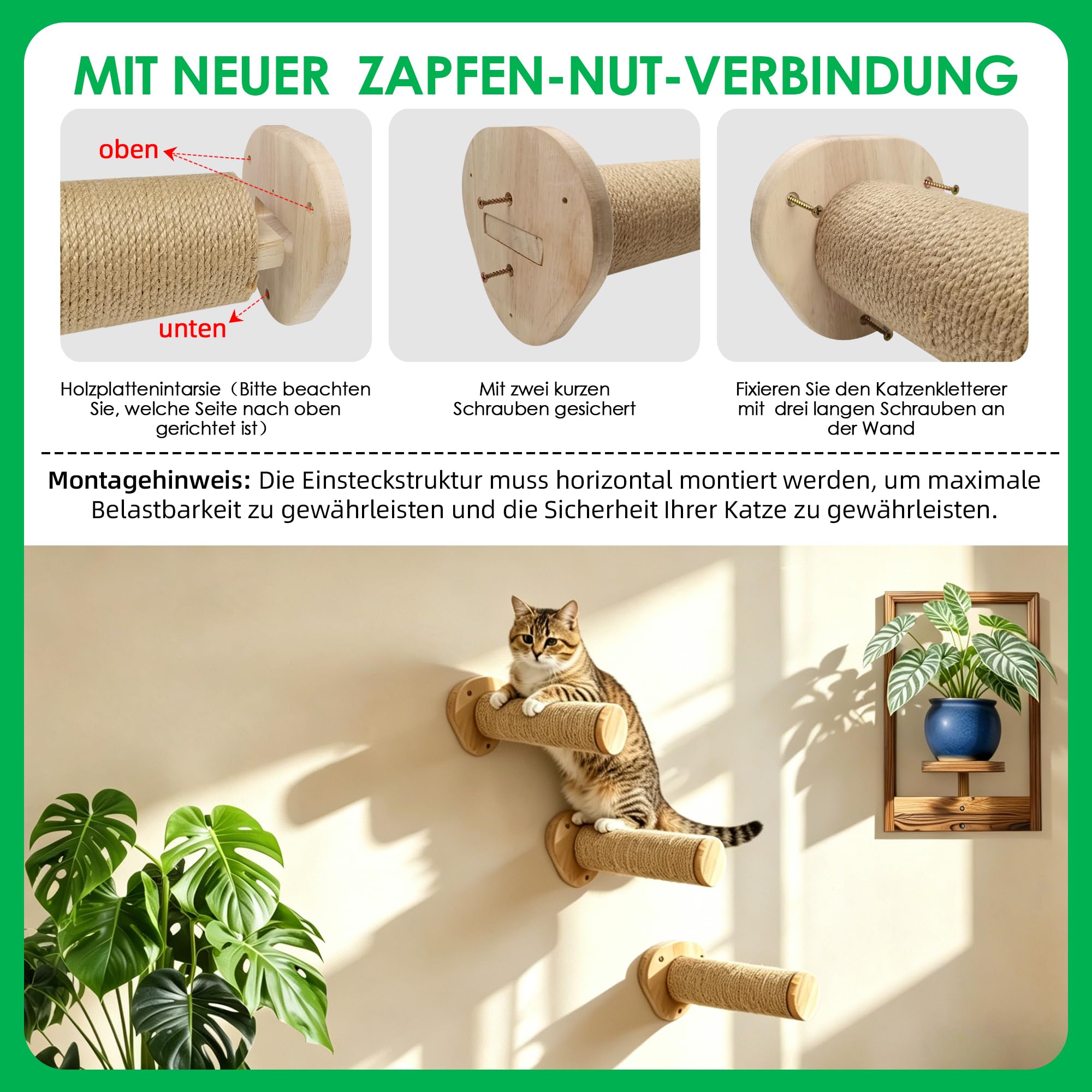 Ściana schodowa dla kota, stopień wspinaczkowy (3 szt.), z nowym połączeniem czop-rowkiem, masywne drewno gumowe, Ø 9 x dł. 32 cm, słupki sizalowe, montaż na ścianie, jutowe drapaki, ściana