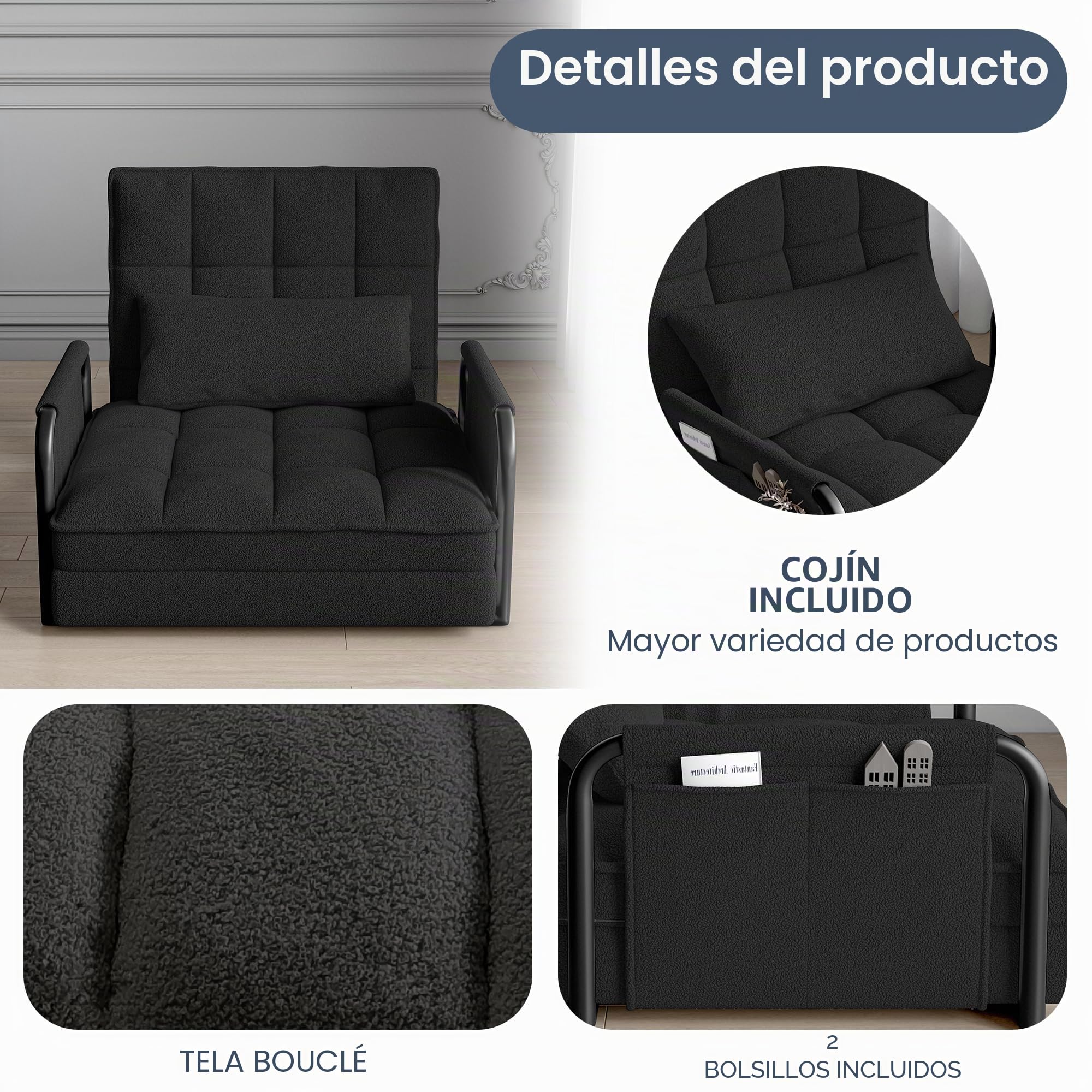 Sofá perezoso Tatami con 2 bolsillos laterales, sillón de suelo ajustable, silla de piso reclinable, ajustable 5 posiciones, asiento de suelo para casa y oficina, sentarse y acostarse (negro, A)