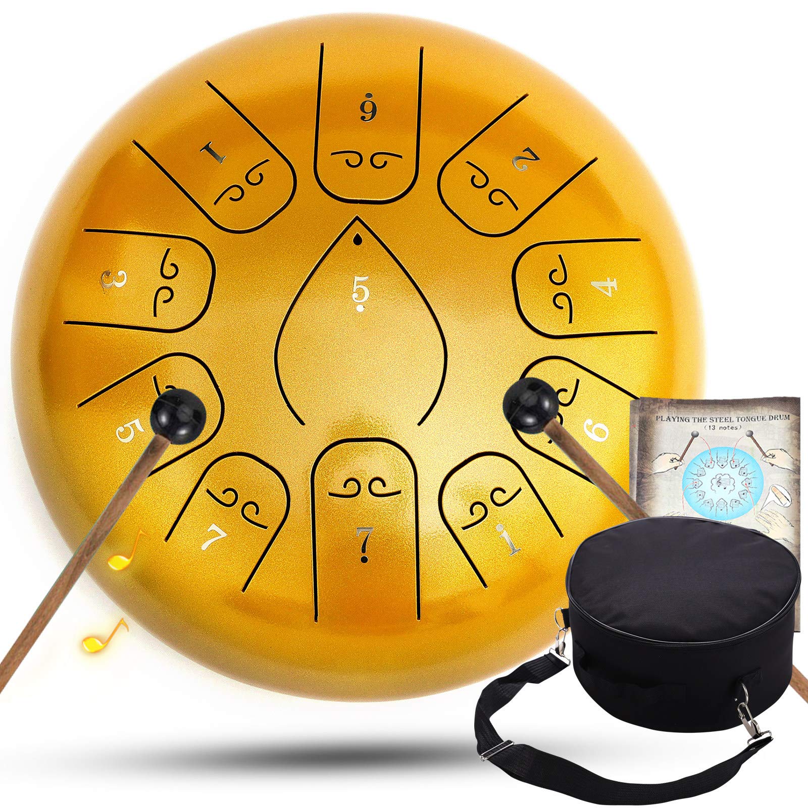Handpan Drum, 12-calowy stalowy bęben dla dzieci dorosłych, 11 notatek, bęben na instrumenty perkusyjne z gumowymi młotkami, wyściełana torba podróżna dla dzieci i nastolatków, złoto