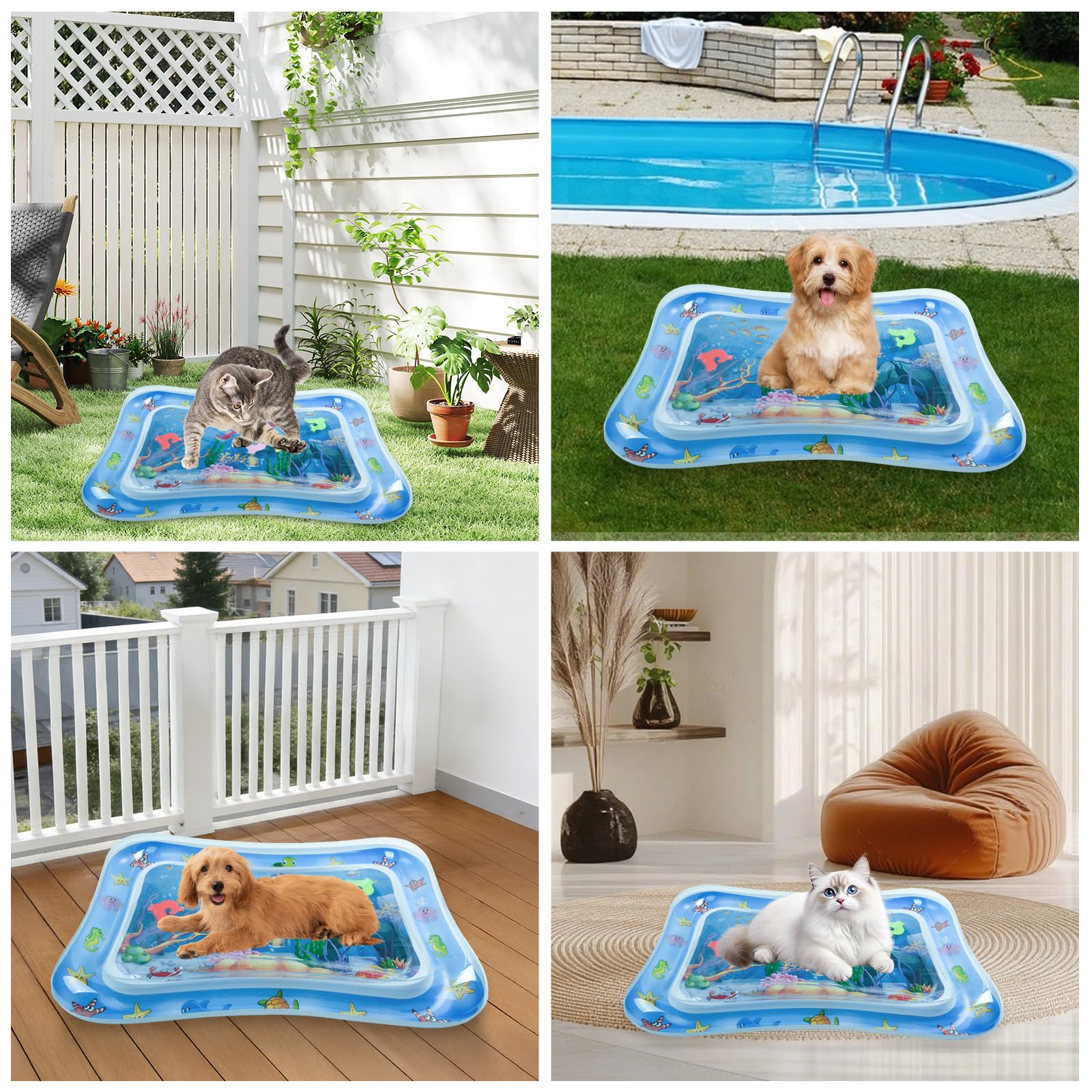 Tapis Eau Chat Tapis Jeu Chats Gonflable sur Le Thème de L'océan Été Tapi d'eau Sensoriel Interactif Anti-Rayures pour Chaton Chiens Animaux Intérieur et Extérieur